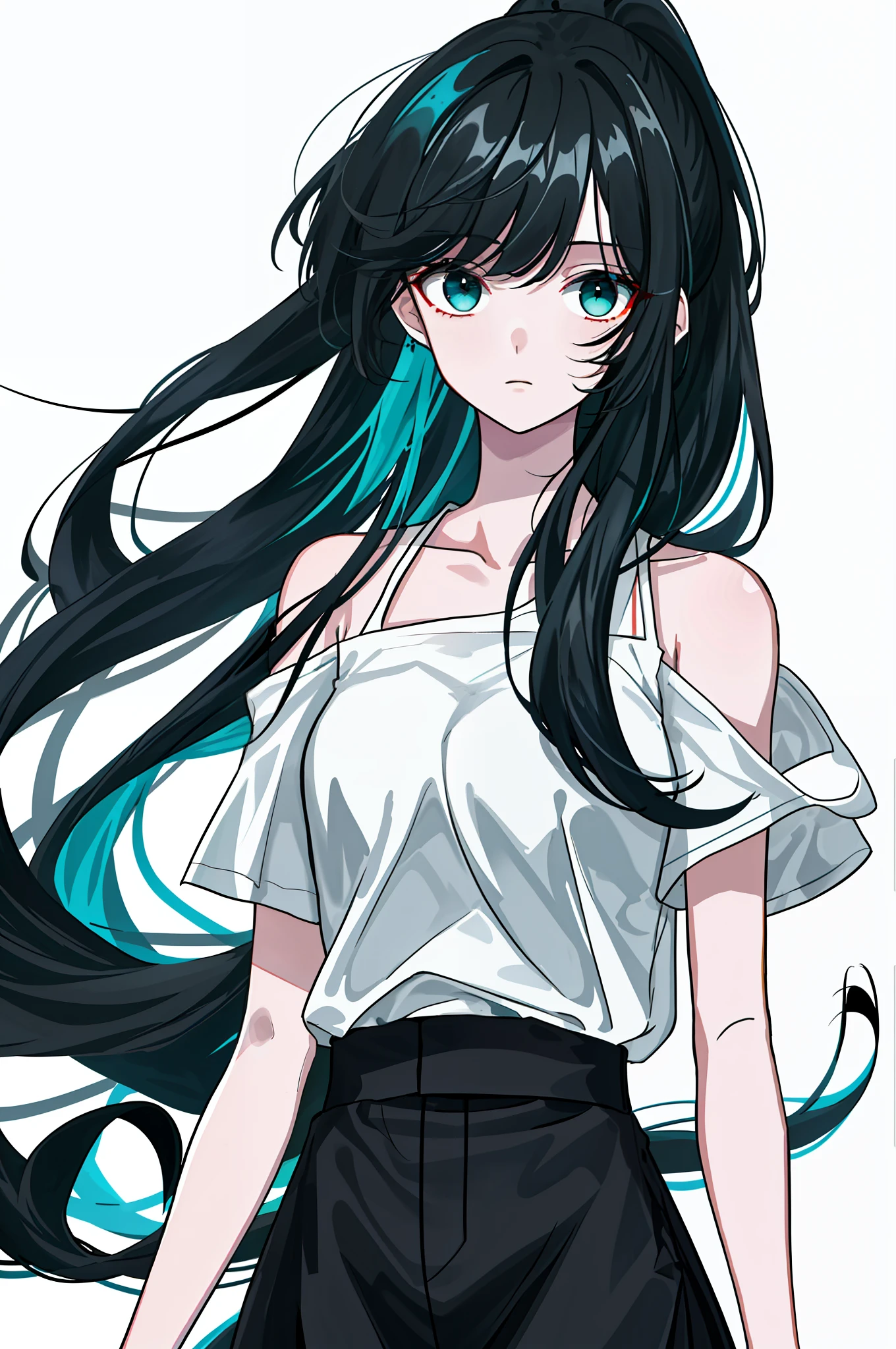 Best Quality, High Quality, 8K, 1 Girl, Long Black Turquoise Hair, Slanted Bangs, Loose White Shirt, ((Dark Circles)), Messy Hair, Decadence, Black Eyes, Bare Shoulders, Half Squinted Eyes, Ponytail