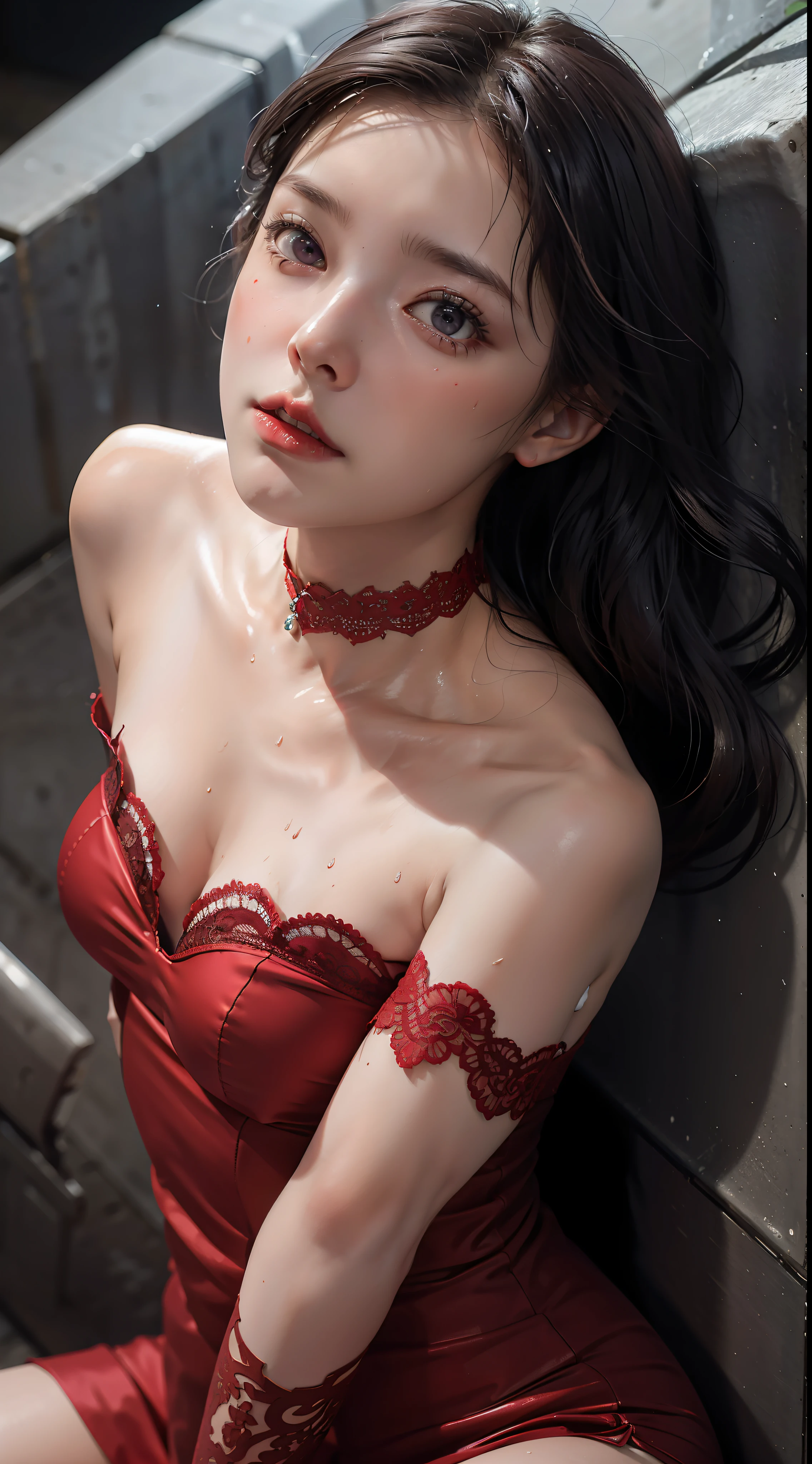 Close-up, (neon, night view, Dutch angle, from above, strapless: 1.3), masterpiece, top quality, raw photo, photorealistic, off-shoulder, red lace dress, red choker, reddish-purple eyes, up, upper body, cleavage, face light, shiny skin, film grain, chromatic aberration, absurdity, high resolution, ultra detail, detail, detailed eyes and face, sharp pupils, realistic pupils, sharp focus, sexy inviting pose, crotch opening, full body, posing to take pictures, sweating, wet skin, shy, red cheeks, embarrassed, full body wet, lying down, disheveled, whole body wet, whole body in the picture, thin and beautiful long legs