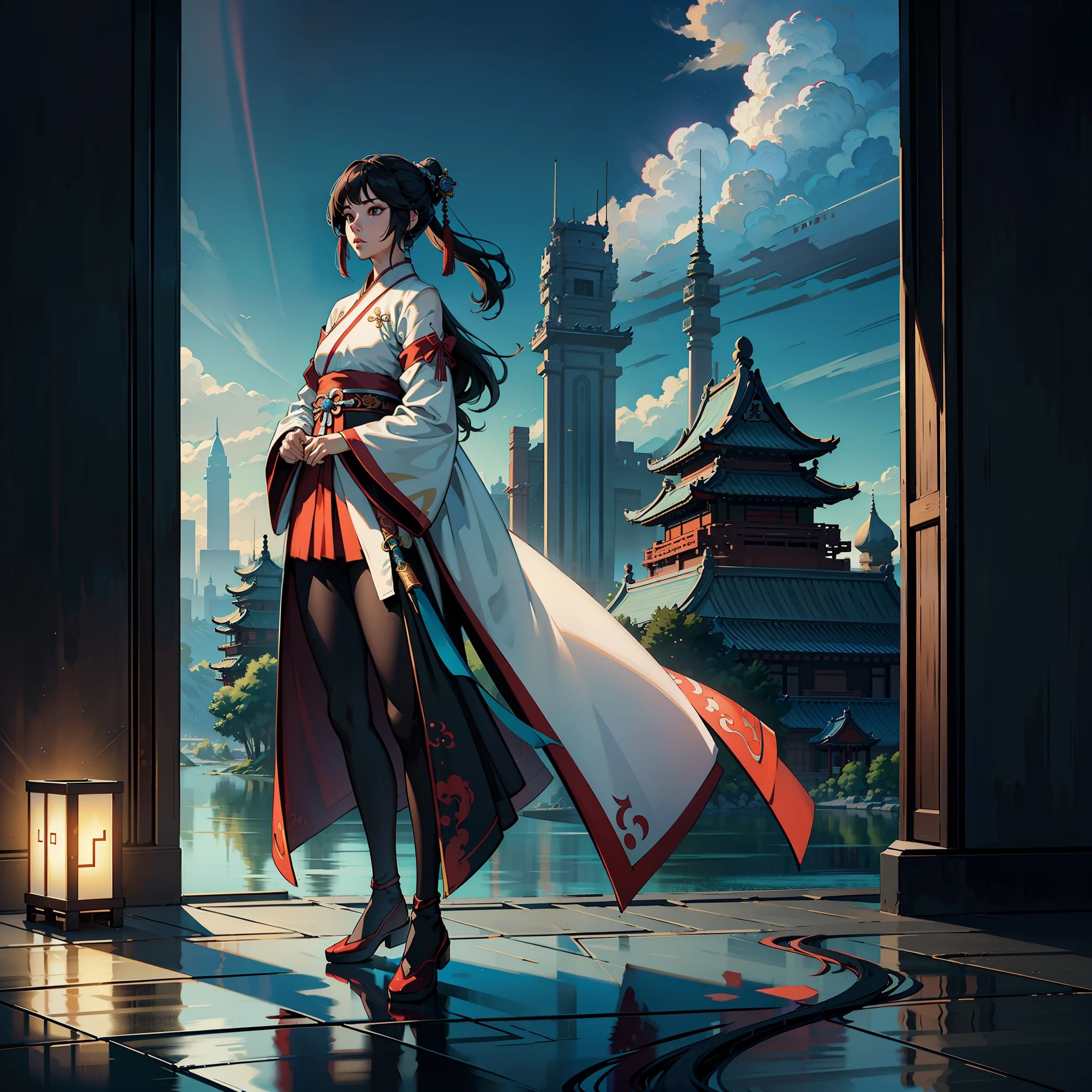 Masterpiece, Professional Lighting, Photon Mapping, Teleportion, Physically Based Rendering, 1 Girl, Full Body, Absurd, High Definition, Skyline, Beautiful Detailed Sky, Covering, (Hanfu, Ming-style), Leggings --auto --s2