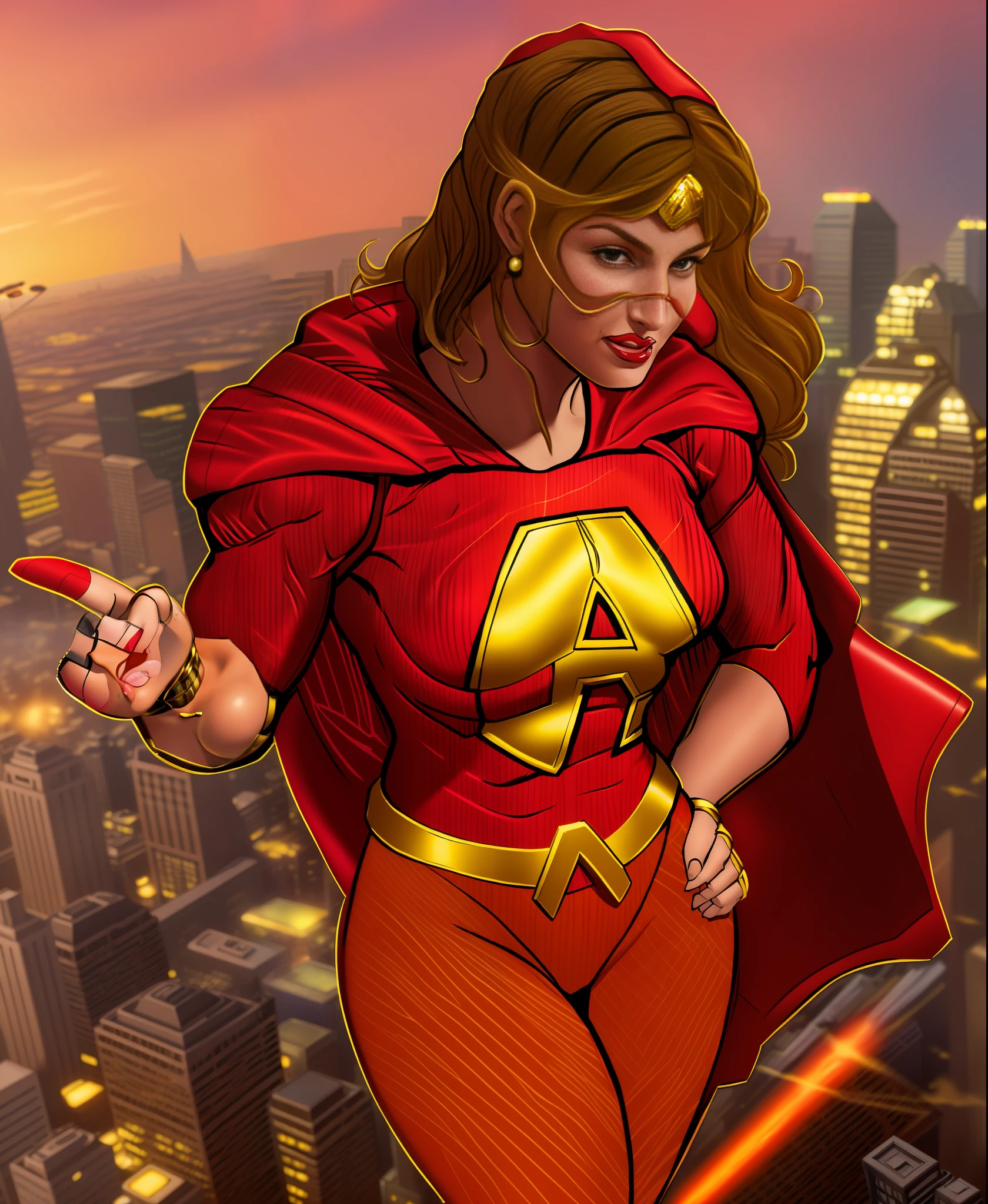 a cartoon of a woman in a red and yellow costume flying over a city, portrait of modern darna, comic digital art, superhero portrait, giantess art, super-hero girl, retro comic art style, cory chase as an atlantean, puerto rican super hero, comic book character, nerdy black girl super hero, 90s comic book character design