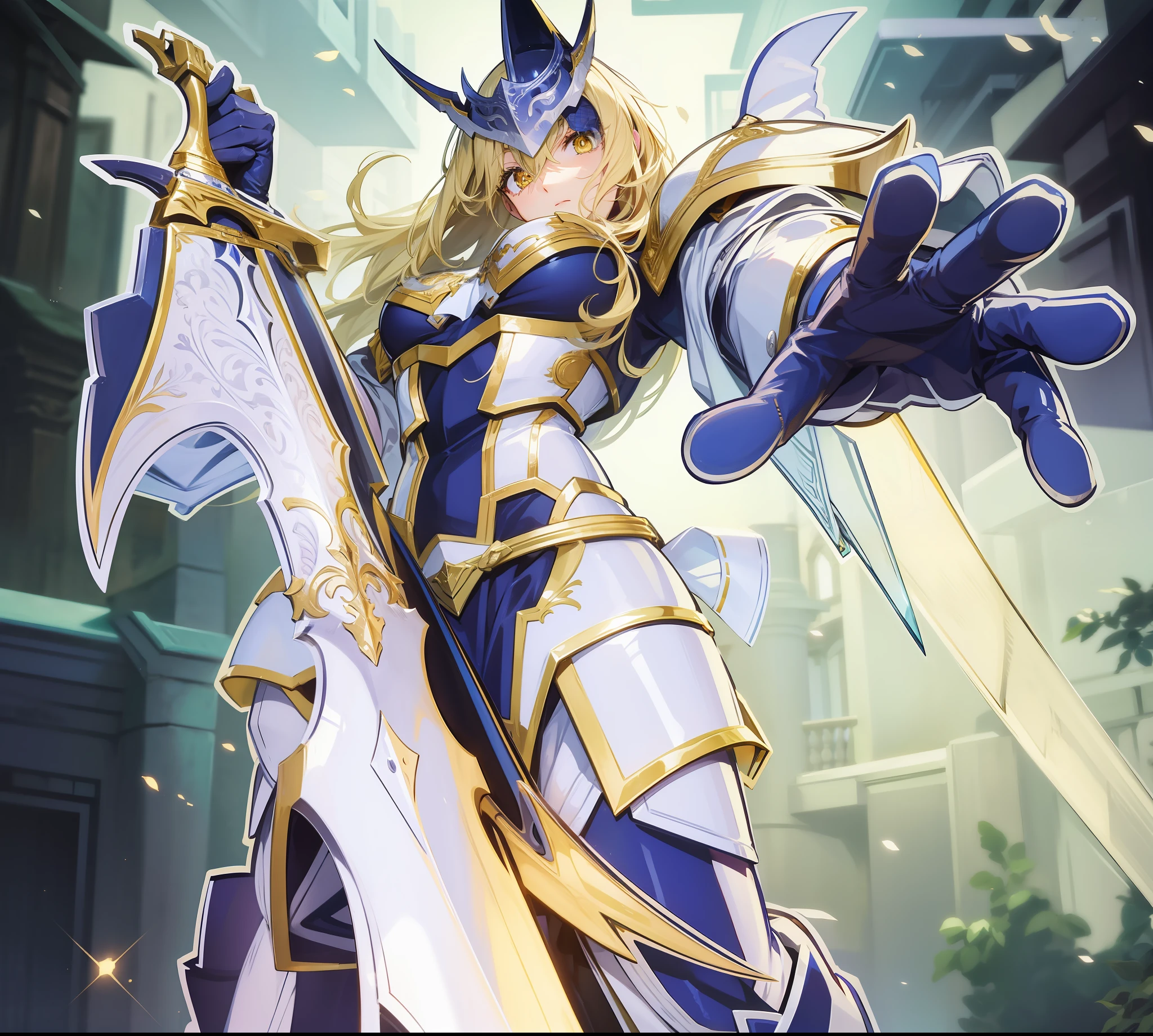 Anime girl, two-dimensional, beautiful knight, wearing golden armor, holding a large sword in her right hand, blond hair and golden eyes