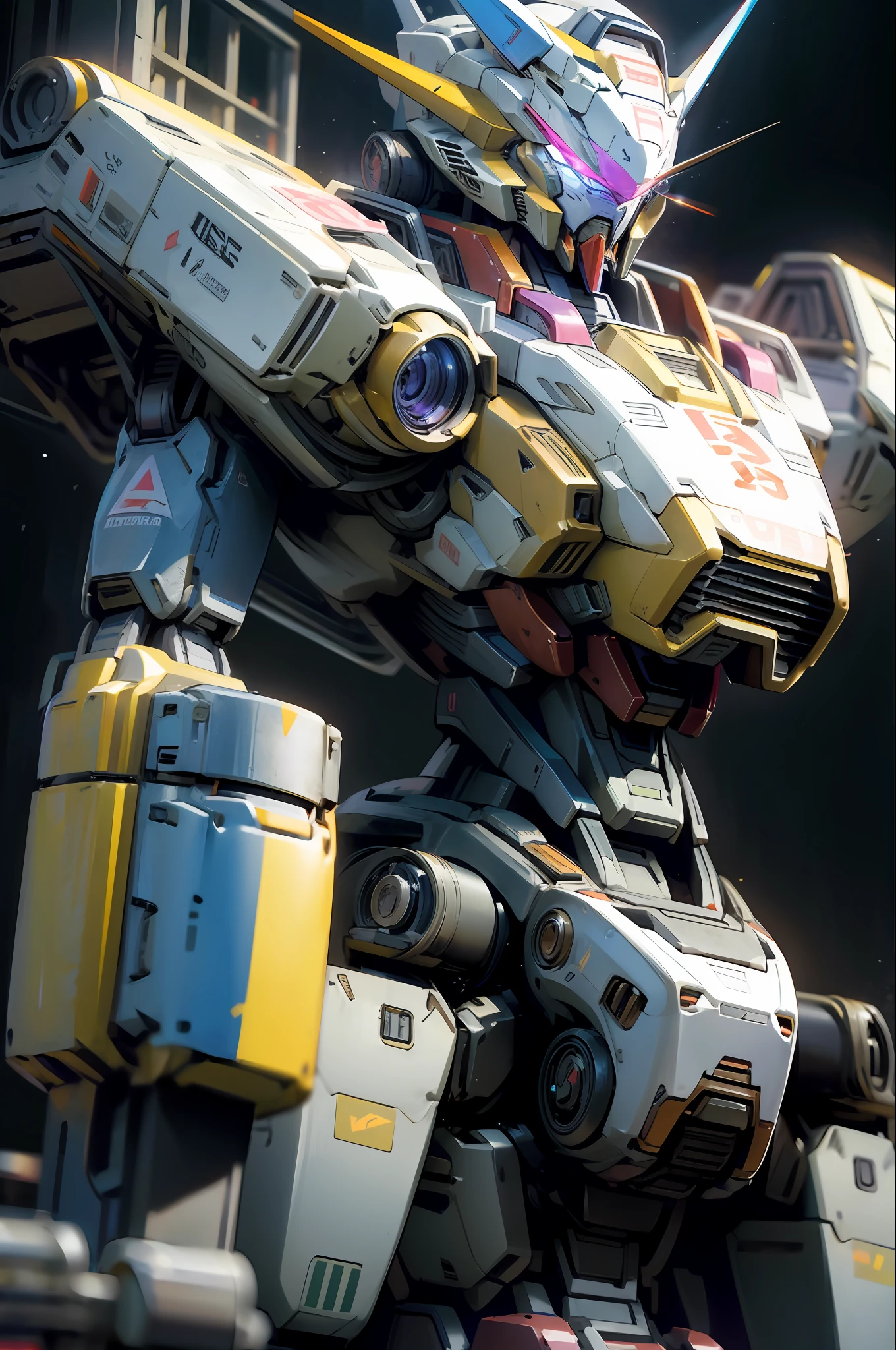 robot, gundam, mecha, glow, purple mecha, bust, ((masterpiece, best quality)), illustration, ultra-detailed 8K, realistic, clear focus, highly detailed, professional lighting, colorful details, rainbow-colored BREAK factory super long shot, large mechanical robot structure, --auto --s2