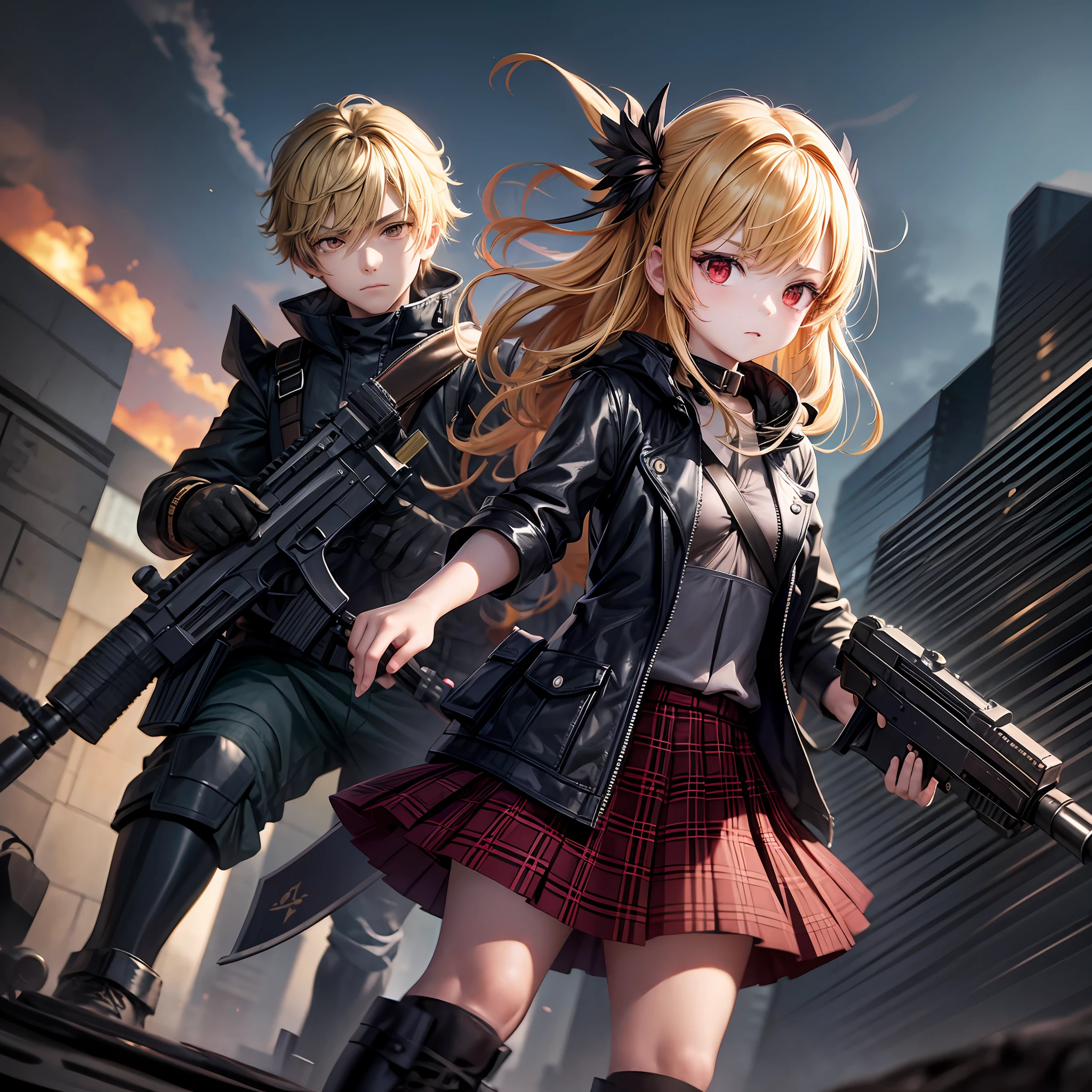 Two children, a boy and a girl, small girl, Red eyes, plaid clothes, Pleated skirt, yellow hair, Wave rolls, boob, Long leg, big eye, black tie, Ultra High definition, Armed firearms, battleground, fire, anime styled, young boy, dark eyes, Behind the little girl, Wear combat uniforms, Combat boots, Helmet with weapon in hand, Stand behind the little girl --auto --s2