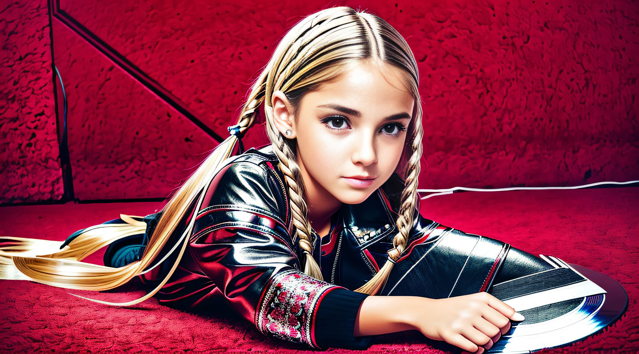 GIRL CHILD , RUSSIAN BLONDE WITH BRAIDS, portrait , SILVER LEATHER JACKET AND BLACK CLOTHING, , ON THE FLOOR VARIOUS VINYLS AND CDS, red background. --auto --s2