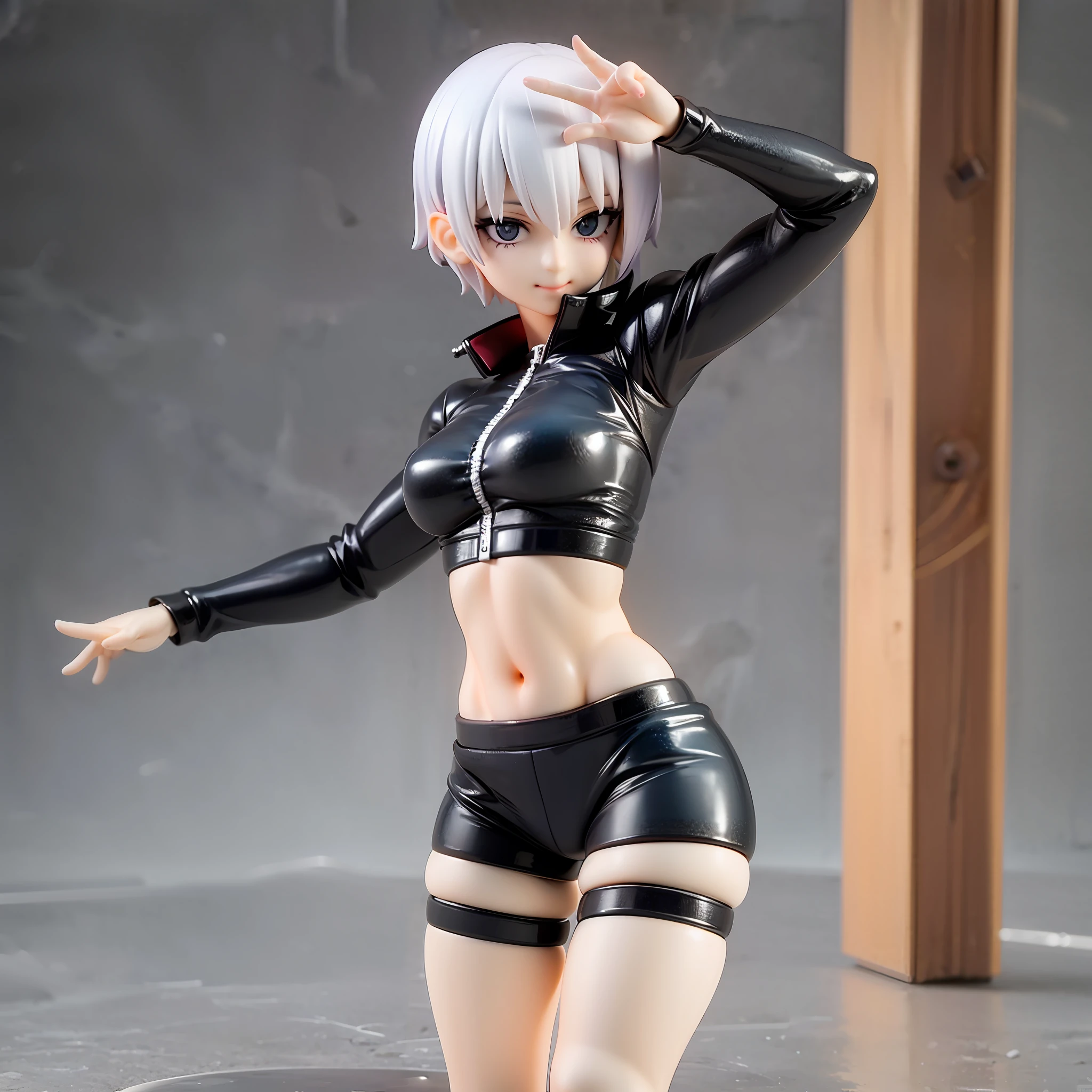 white hair, short cut,1girl,short pants, sneakers, beautiful eye, full body, dancing, looking away, black suit,[realistic], [3d], smile, closed mouth,(8k, RAW photo, best quality, masterpiece:1.2), ultra high res, photo realistic, professional lighting, detailed lighting, professional photography, high quality, high res, extremely detailed, bloom, depth of field, sketch, sharp focus, soft lighting, detailed, detailed skin, to8contrast style