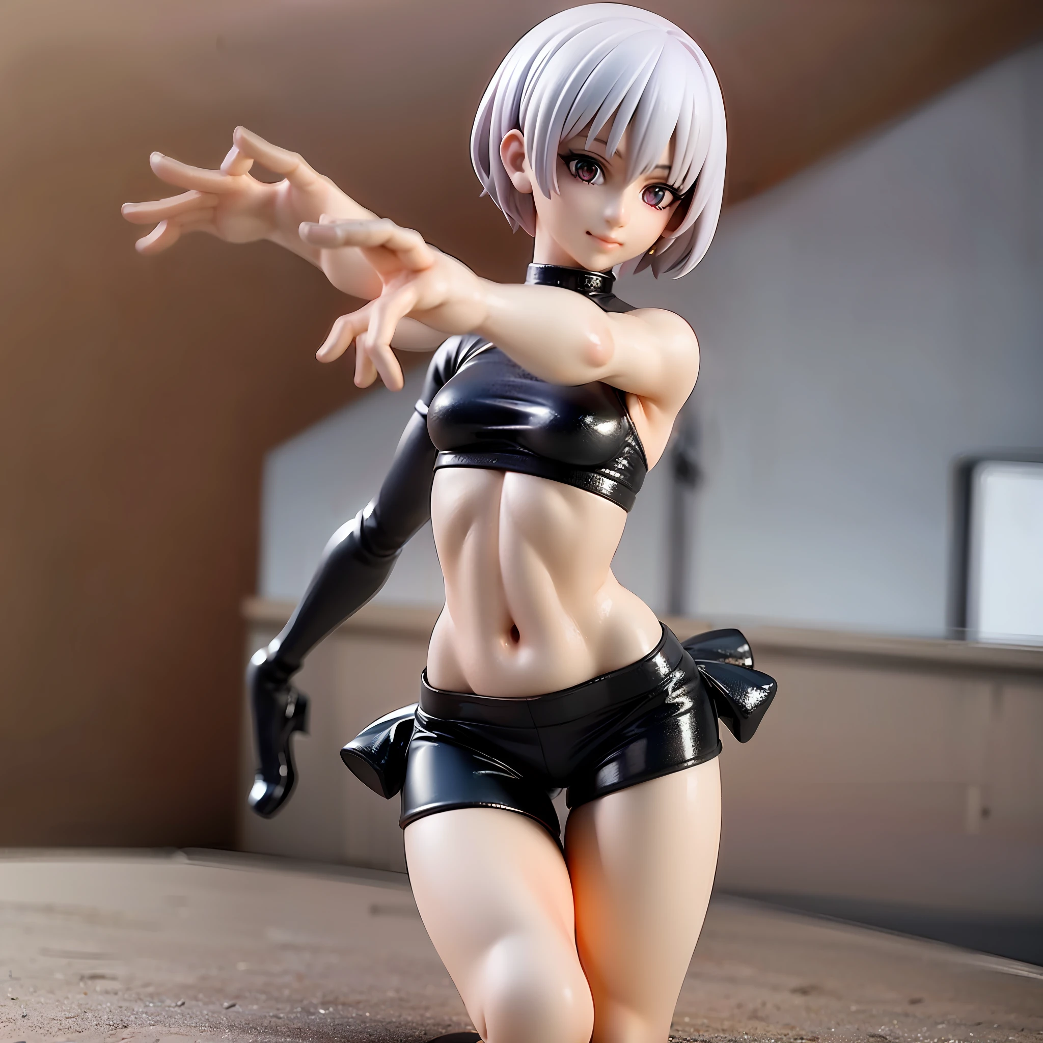 white hair, short cut,1girl,short pants, sneakers, beautiful eye, full body, dancing, looking away, black suit,[realistic], [3d], smile, closed mouth,(8k, RAW photo, best quality, masterpiece:1.2), ultra high res, photo realistic, professional lighting, detailed lighting, professional photography, high quality, high res, extremely detailed, bloom, depth of field, sketch, sharp focus, soft lighting, detailed, detailed skin, to8contrast style