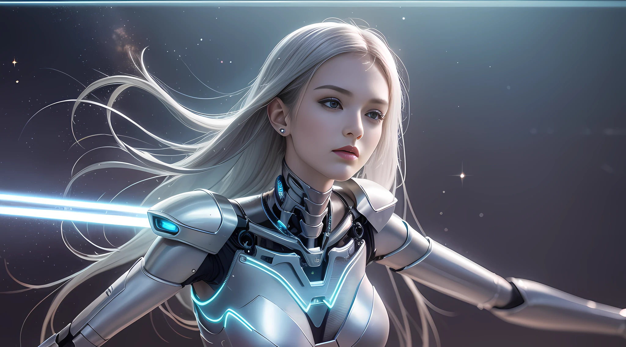 Best quality, delicate face, girly, slim body, cyborg clothing, jewelry glow, costume glow, perfect body, silver body, glass textured body, robot skeleton, rich background, multi-elemental, there are huge alien spaceships floating in the air, cyberpunk, sci-fi, full body, suitable pose