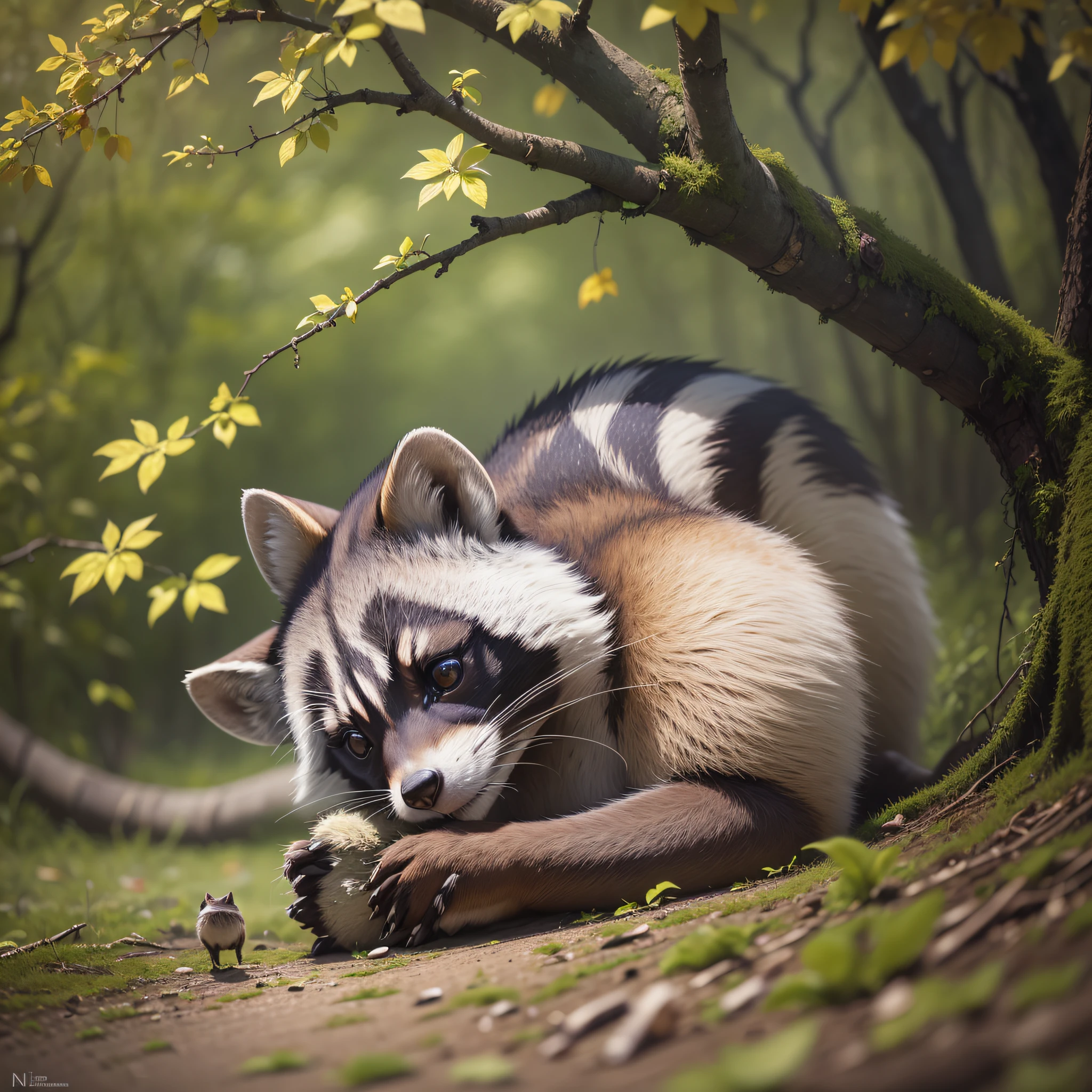 (masterpiece:1.1), hi-res, 4k, extremely delicate and beautiful art, A female photographer takes naturephoto racoon.her use  nikon,35mm lenz, national geo graphics,Comic style --auto --s2