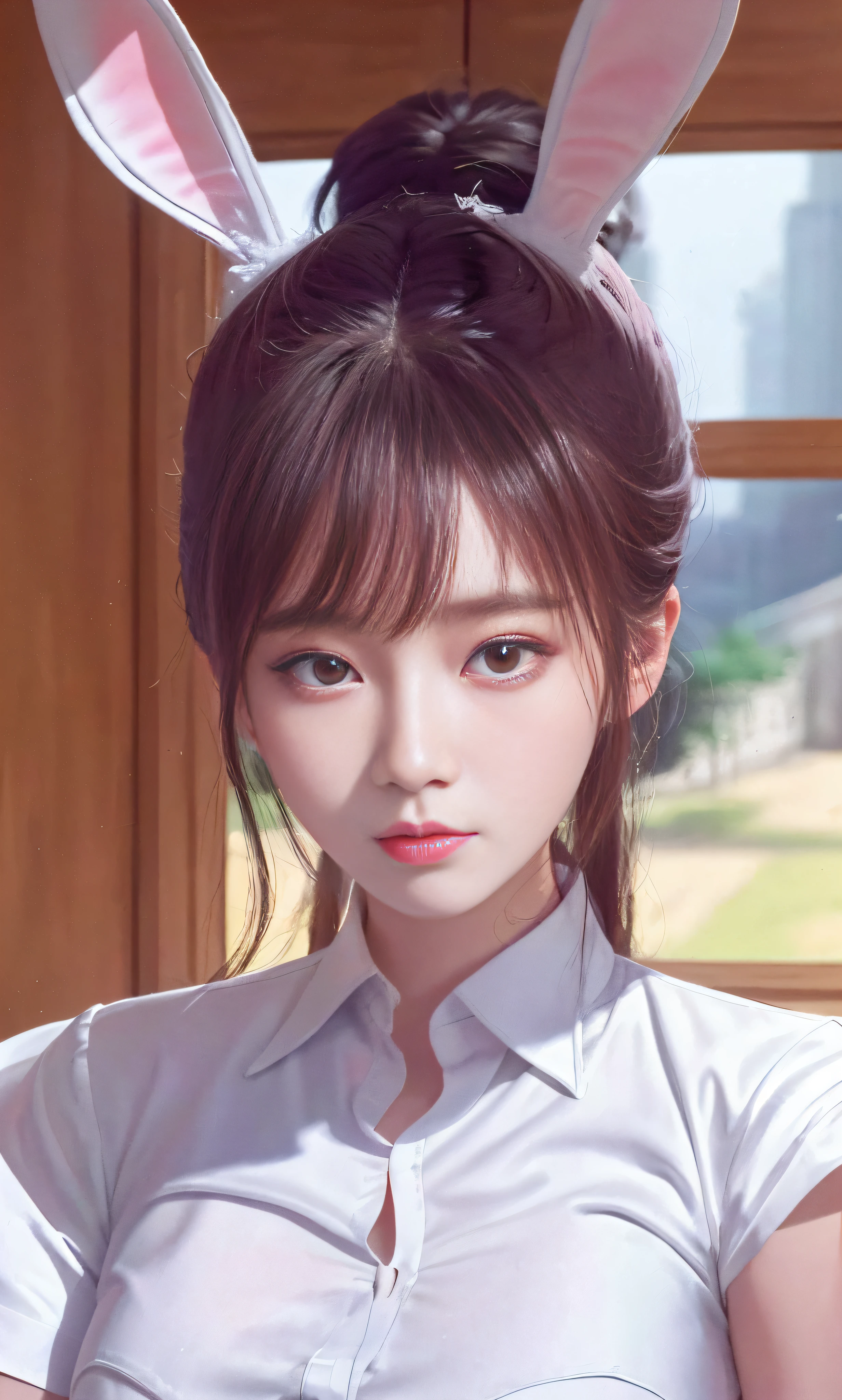 Anime Girl with Rabbit Ears and White Shirt, ((White Shirt)), Palace, Hanfu Girl, Guviz, Guvitz style artwork, Li Song, Yang J, Zhou Wenjing, High quality portrait, 8k high quality detail art, Portrait of Zodiac Girl Knight, Zhou Fang, Fan Qi, Leng Mei