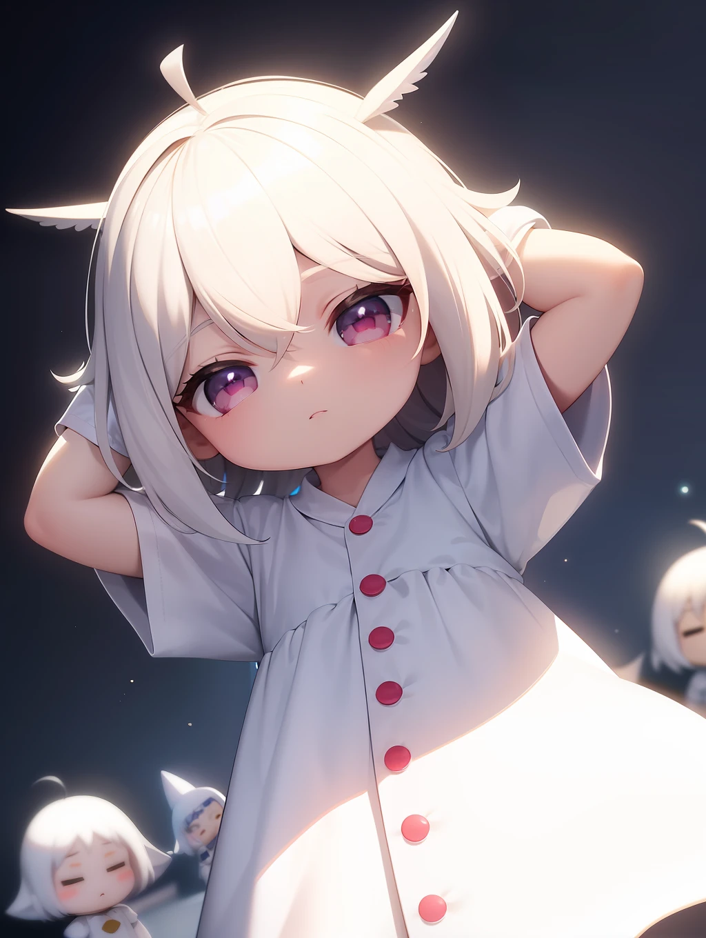 PopMart Blind Box IP, a close-up of a cute, white robe doll, young wanangel style, wearing long and fluent clothes, wlop style, pocelain doll, little people; Unreal Engine 5, Lite 3D/C4D production: 8K HD quality/lighting/ultra-detailed lens depiction 1.5, flawless, chibi background/cinematic.