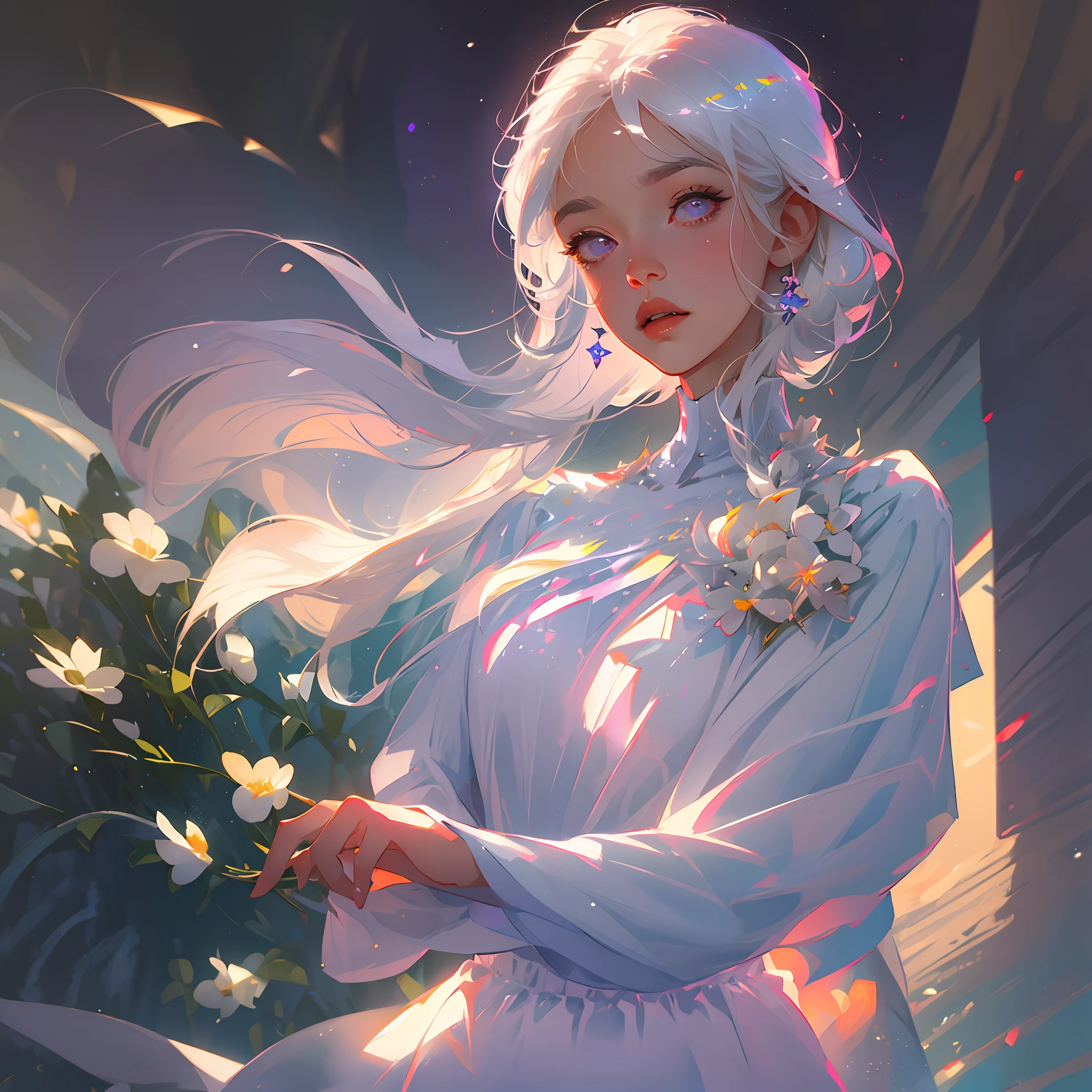 Realistic, 1girl, white hair, purple eyes, glowing eyes, cropped top, skirt, parted lips, blush, night, flowers, sun, sunlight, white skirt, short skirt, medium length hair, real, warm colors, white short Dress, white clothes, light background color, day environment, bright color background, saudi, ocean, cute, --auto --s2