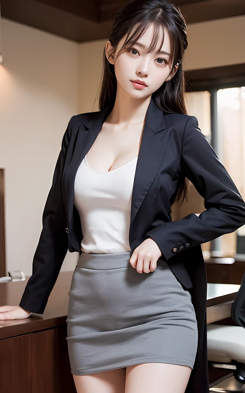 extremely detailed CG unity 8k wallpaper, best quality, ultra-detailed, masterpiece, realistic, photo realistic, extremely detailed cute girl, 20years old, (secretary), cleavage, pencil Skirt , hotel, half body shot