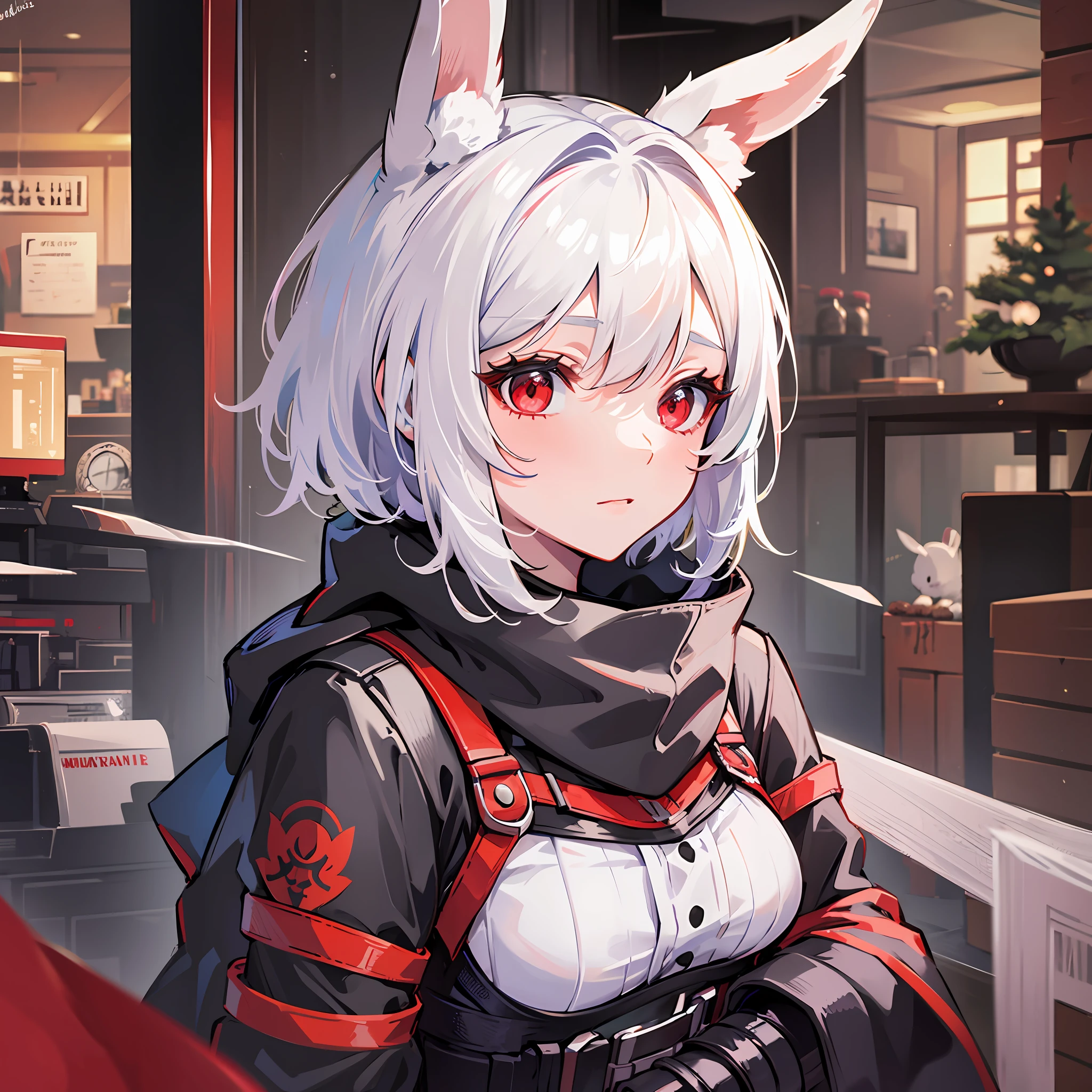 A woman, white hair, rabbit ears, red eyes, winter clothing, adult body, indoors, short hair