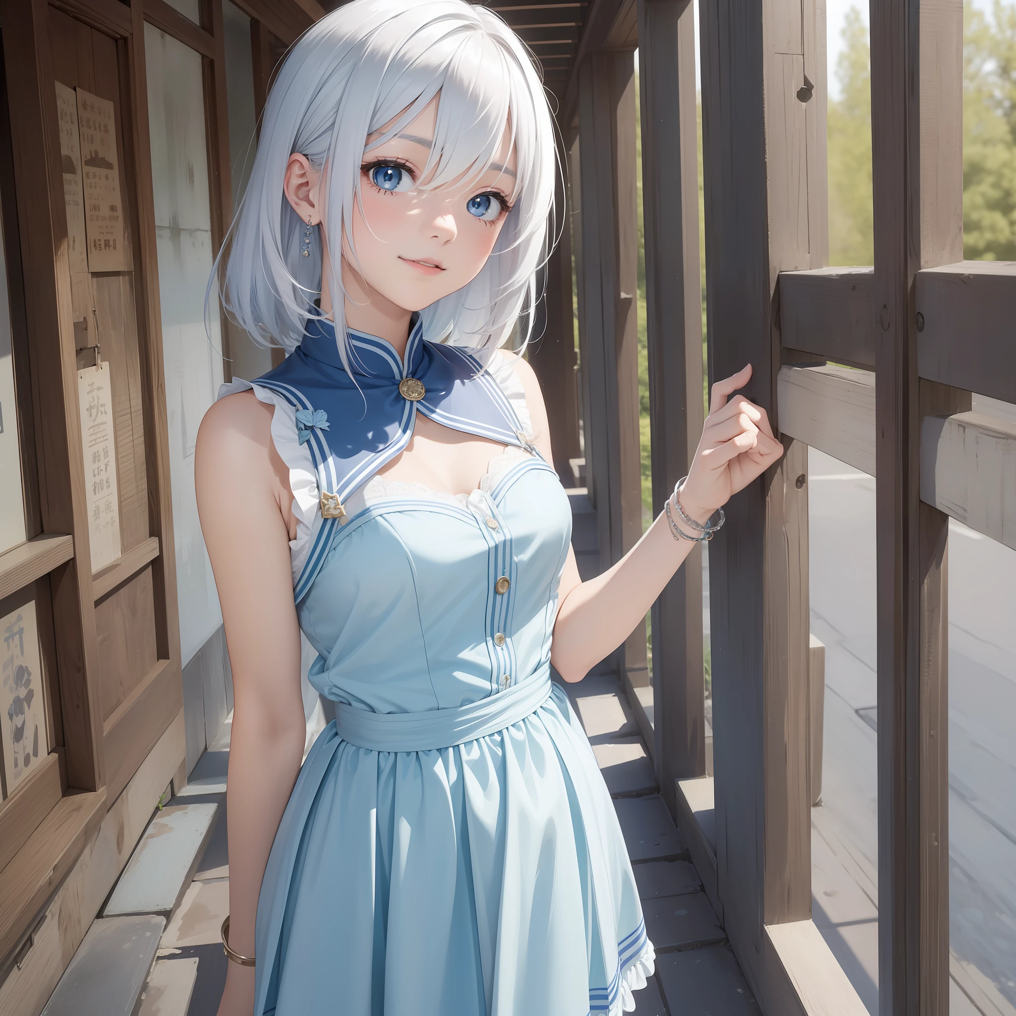 (Best Quality: 1.3), 8K, (Masterpiece: 1.3), Ultra High Resolution, One Girl, Light Blue Eyes, (White Hair: 1.5), School Uniform, (Bolero: 1.5), (Sleeveless Dress1.5), (Full Body: 1.4), Cute Face, Lovely Face, Medium Length Hair, Smile, (Nikko Toshogu: 1.5), Looking into the Camera, 18 years old,