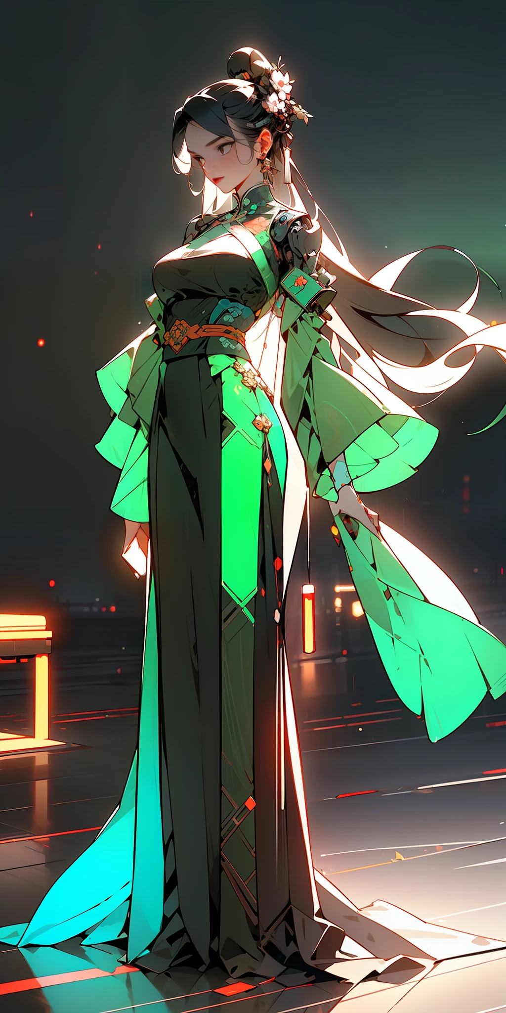1 girl solo, close-up, (bright eyes), (ancient Chinese clothes, embroidered pleated skirt, embroidered collar uesugi, large sleeves, streamers), (hairpins), (hanfu), (clear facial features), (cyberpunk style, robotic arm, holographic aura, surreal sci-fi art, futuristic sci-fi aesthetics)), (8k, raw photos, best quality, masterpieces: 1.2), (realistic, photo realistic: 1.4), (very detailed CG Unity 8k wallpaper), full body, (Neon: 1.4)