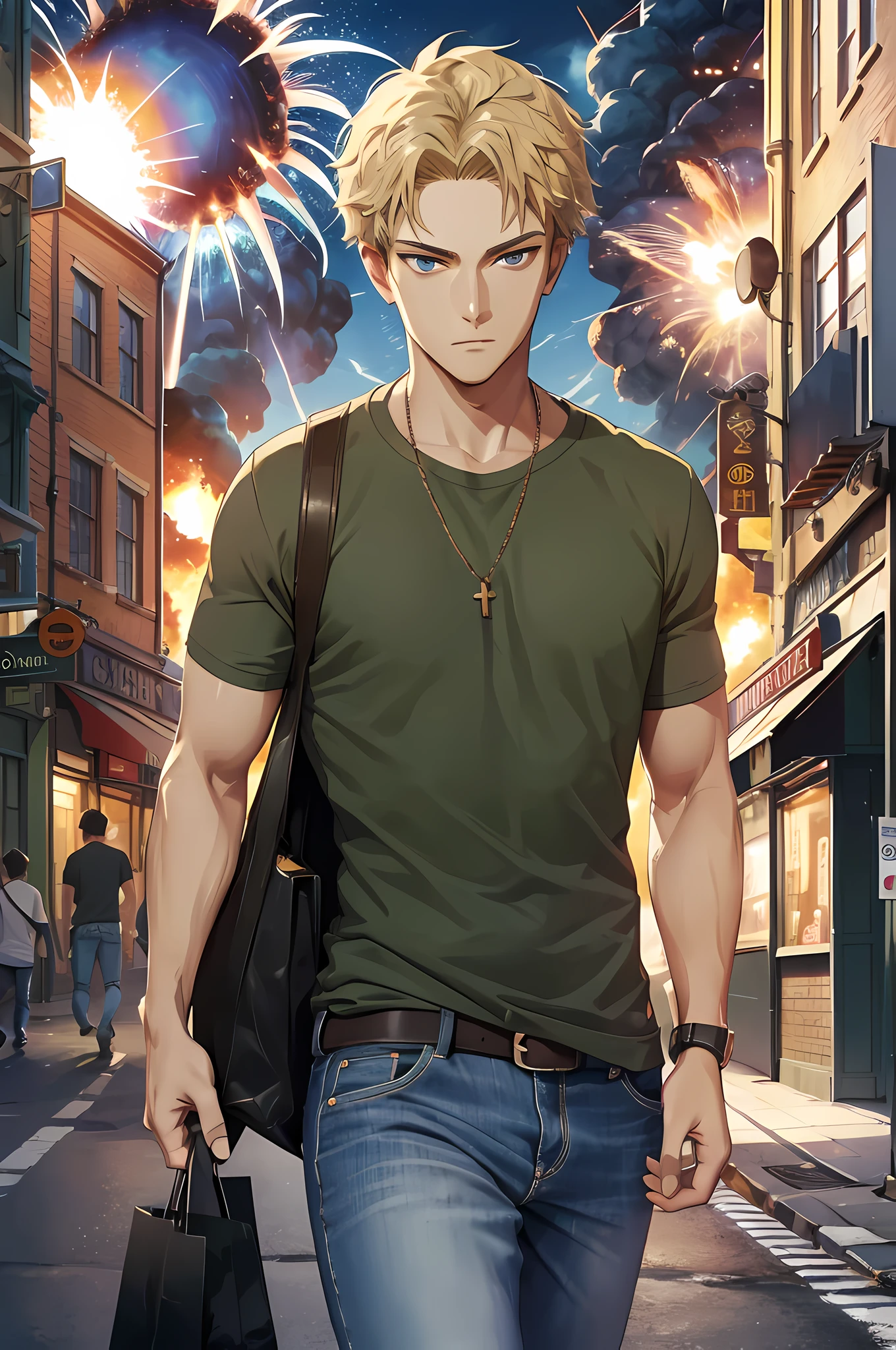 (absurdres, highres, ultra detailed, HDR), masterpiece, best quality, agent_twilight, 1man, solo, handsome, short hair, loosing t-shirt, jeans, street, shopping bag, ((explosion))