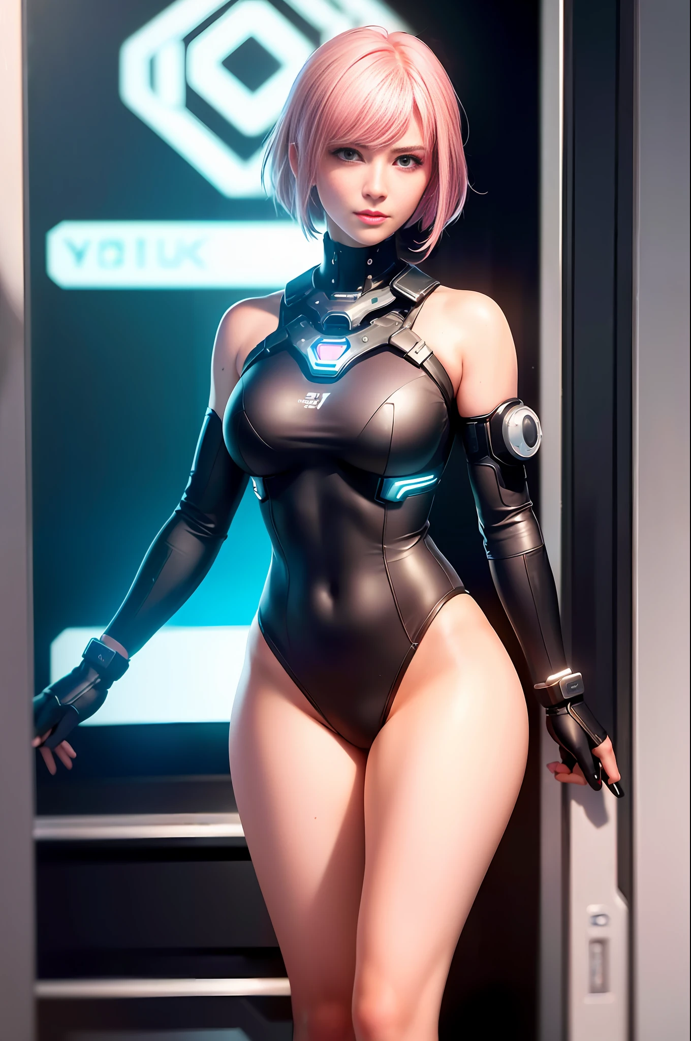 (ultra high res,photorealistic,realistic,best quality,photo-realistic),
(8k, raw photo, best quality, masterpiece),
(photon mapping, radiosity, physically-based rendering,automatic white balance),
technological sense, best quality, masterpiece, illustration,CG ,unity ,wallpaper, official art,
Amazing, finely detail, an extremely delicate and beautiful,extremely detailed,
highly detailed, sharp focus,rich background,blurry background,
(real person,photograph),
(((high detailed skin,visible pores))),1 girl,full body,(((Ghost In The Shell)))
(((face close-up,haunting smile,moist lips))),
((irises and pupils are rounded,the pupil reflects the surroundings)),
((Big eyes,perfect eyes,watery eyes)),
((short hair,pink hair,thick bangs)),
((small breasts)), ((Cyberpunk 2077,Future, City, skyscraper)), (((Neon, Display Screen, Advertising))), Night, Flooding, Reflection,Tight white combat uniform, stainless steel,LED,laser,((Data cable, optical fiber, computer,VR)),current, 25 years old woman, lean hip:1.1, rested happy face, determined look