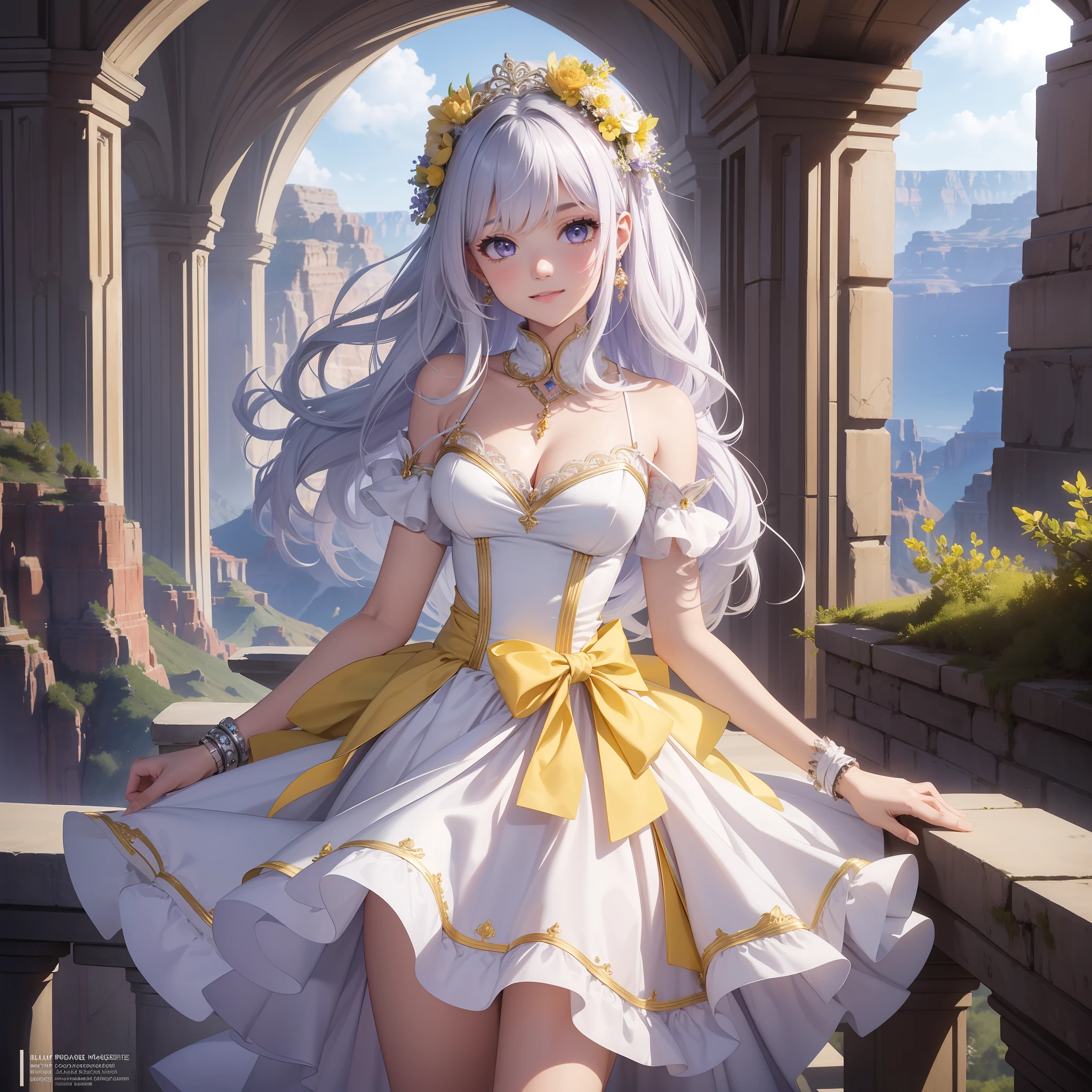 (Best Quality: 1.3), 8k, (Masterpiece: 1.3), Ultra High Definition, One Girl, Lilac Eyes, Shining Eyes, (White Hair: 1.5), (Yellow Prom Dress: 1.5), Empire Dress, (Full Body: 1.4), Cute Face, Lovely Face, Medium Length Hair, Smile, (Grand Canyon: 1.5), Looking into the Camera, 22 years old,