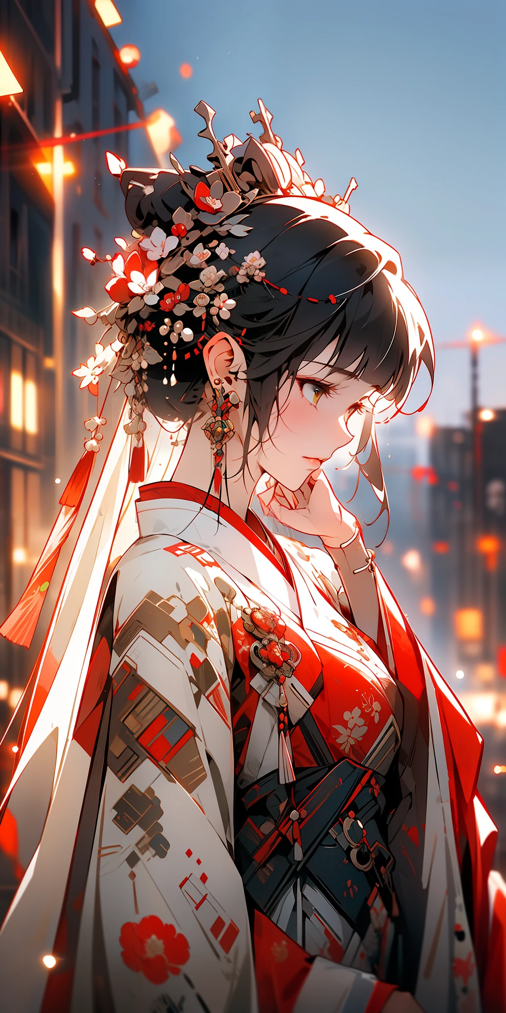 1 girl solo, close-up, (bright eyes), (ancient Chinese clothes, embroidered pleated skirt, embroidered collar uesugi, large sleeves, streamers), (hairpins), (hanfu), (clear facial features), (cyberpunk style, robotic arm, holographic aura, surreal sci-fi art, futuristic sci-fi aesthetics)), (8k, raw photos, best quality, masterpieces: 1.2), (realistic, photo realistic: 1.4), (very detailed CG Unity 8k wallpaper), full body, (Neon: 1.4)