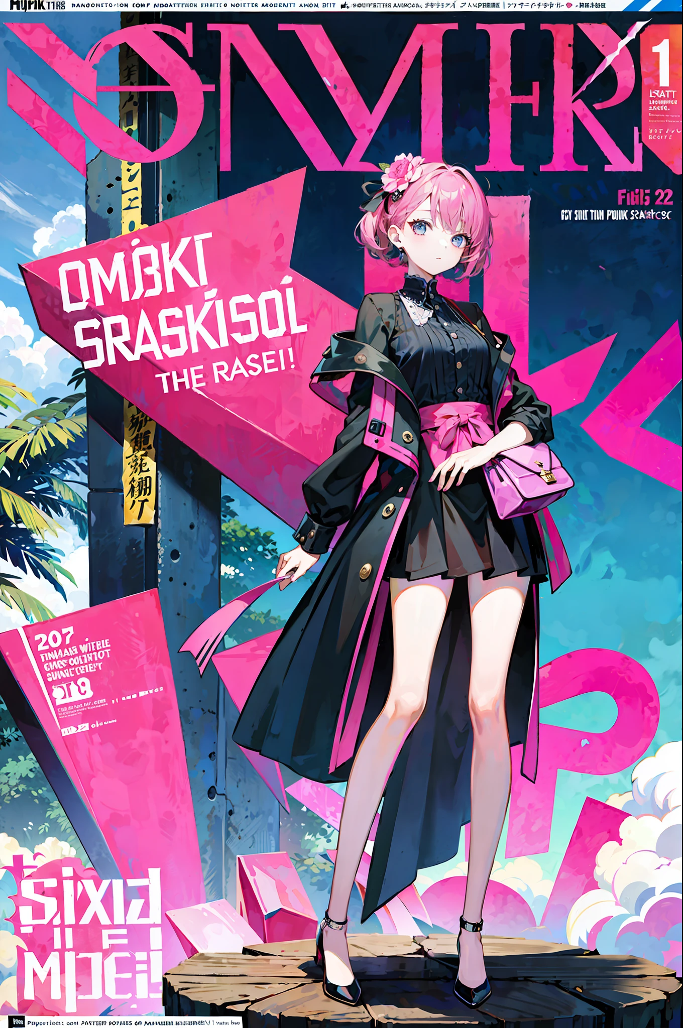 Masterpiece, Superb Product, Magazine Cover, Poster Cover, Fashion, Full Body, 1girl, Bunch, Pink