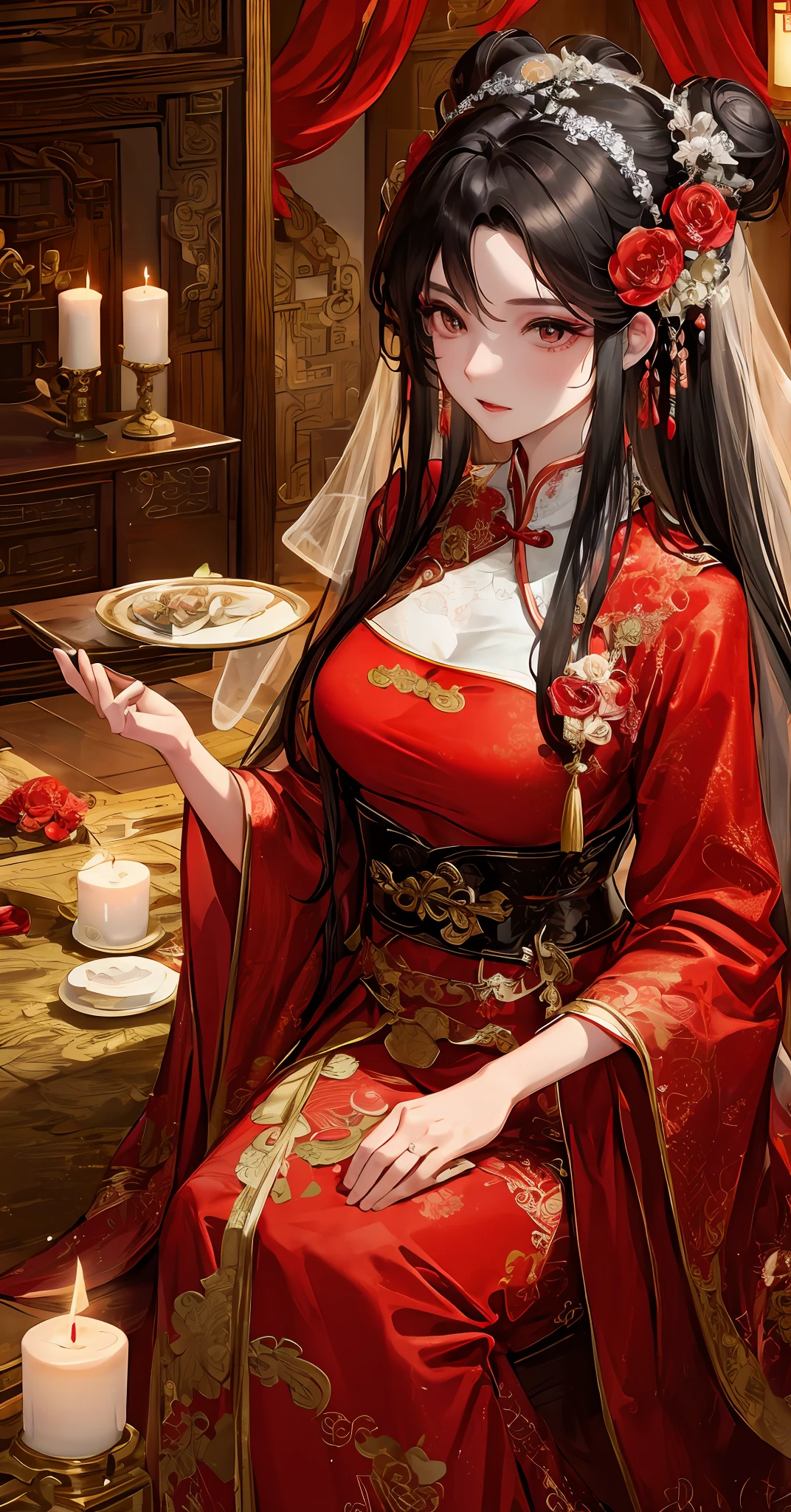 Masterpiece, Superb Product, Cave House Flower Candle Night, Wedding Scene, 1 Daughter, Mature Woman, Chinese Style, Sister, Royal Sister, Chinese Costume Red Wedding Dress, Bun, Black Long-Haired Woman, Gentle, Intellectual, Three Belts, Wedding Background, Wan, Red Lantern