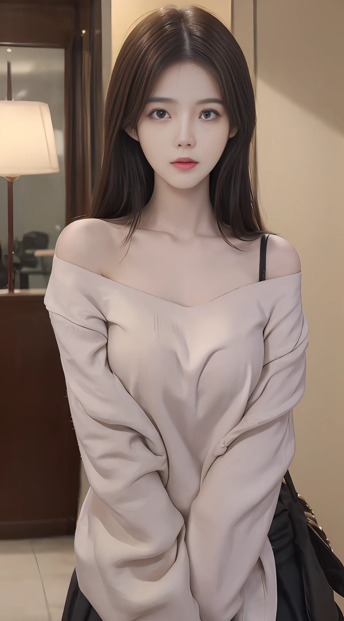 (1 cute Korean star) Realistic photo of shoulder-length hair, light makeup, medium breast size, no clothes, in school, clear facial features, 8K high resolution, clear and realistic details.