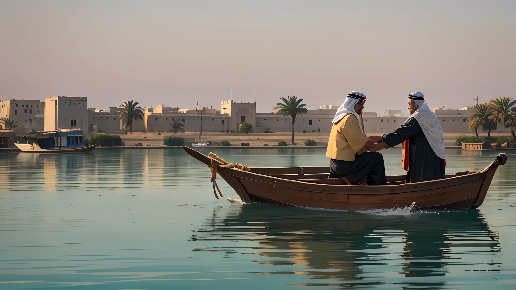 Two middle aged Egyptian men Arab Dow, boat carrying dates, nile river background, early morning, high definition photo, Maze Guru style --auto --s2