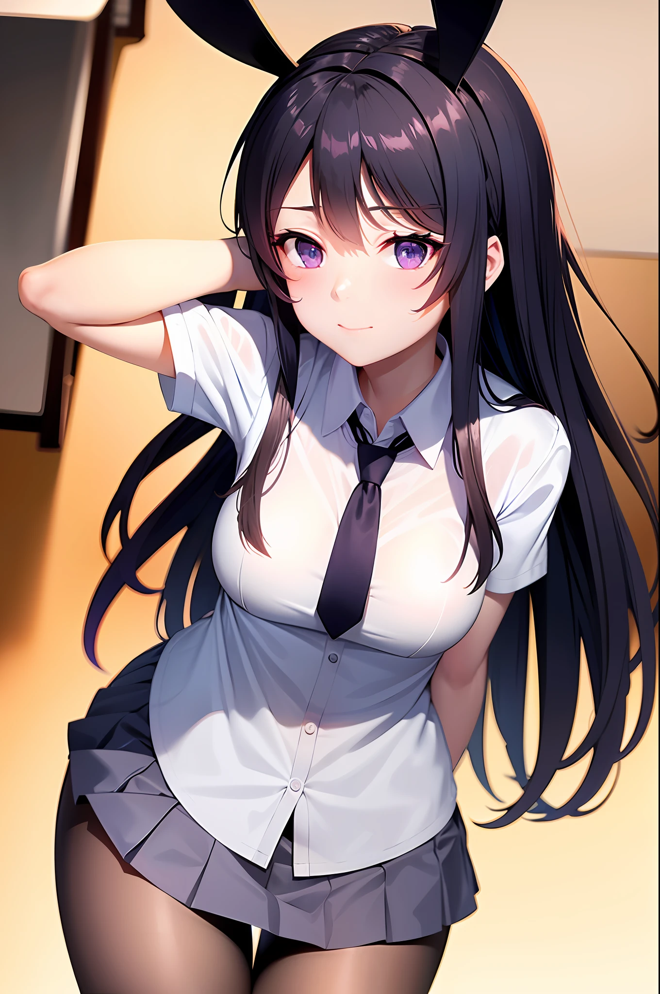 School uniform, white shirt, pantyhose, pleated skirt, tie, rabbit ears, Mai sauce, faint smile, mid_breats, best quality, behind arms, leaning forward