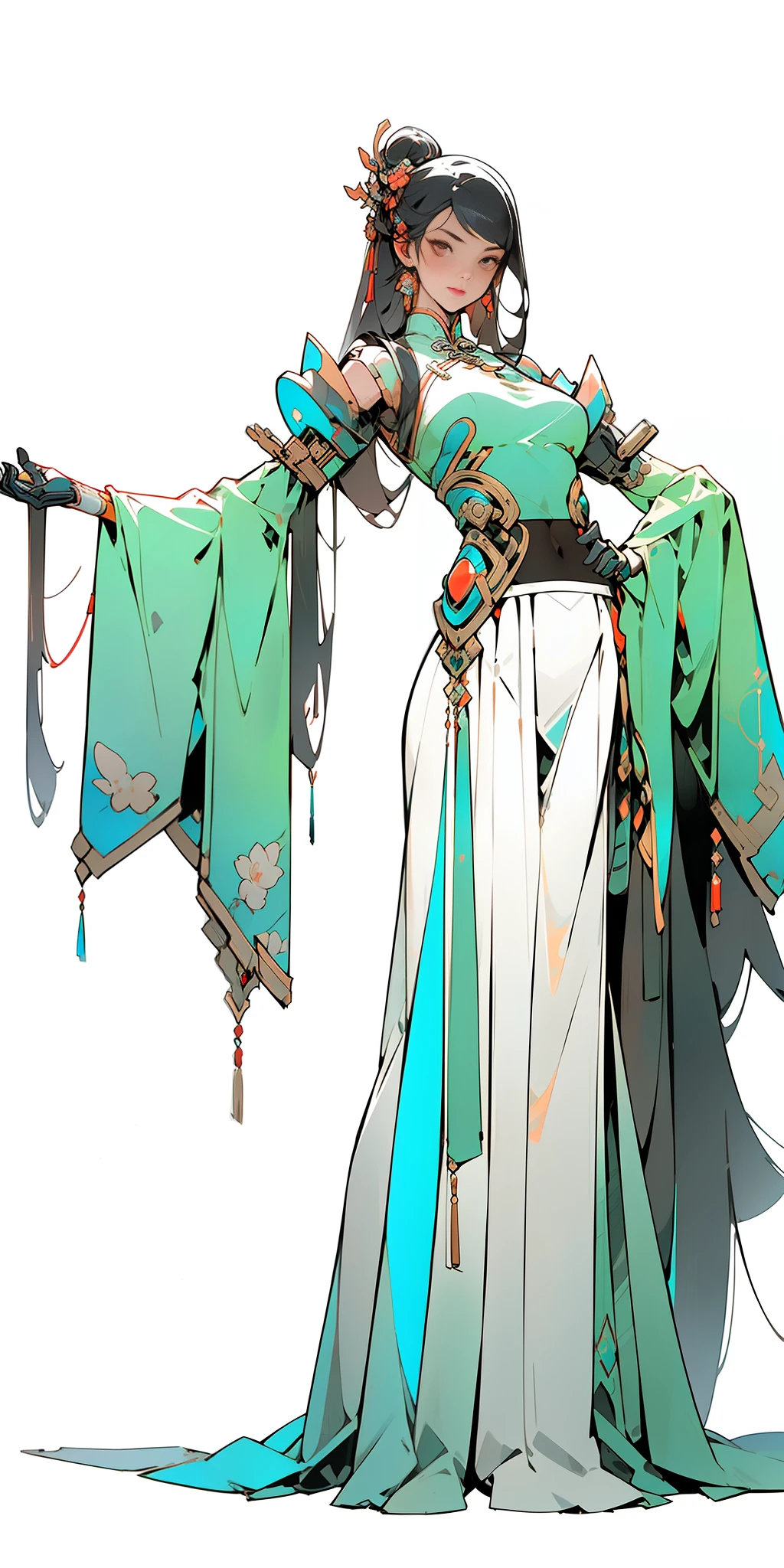 ((Cyberpunk style, robotic arm, holographic aura, surreal sci-fi art, futuristic sci-fi aesthetics)), 1 girl solo, close-up, (bright eyes), (ancient Chinese clothes, embroidered pleated skirt, embroidered collar Uesugi, large sleeves, streamers), (hairpins), (Hanfu), (clear facial features), (8k, RAW photos, best quality, masterpieces: 1.2), (realistic, photo realistic: 1.4), (very detailed CG Unity 8k wallpaper), full body, (Neon: 1.4)