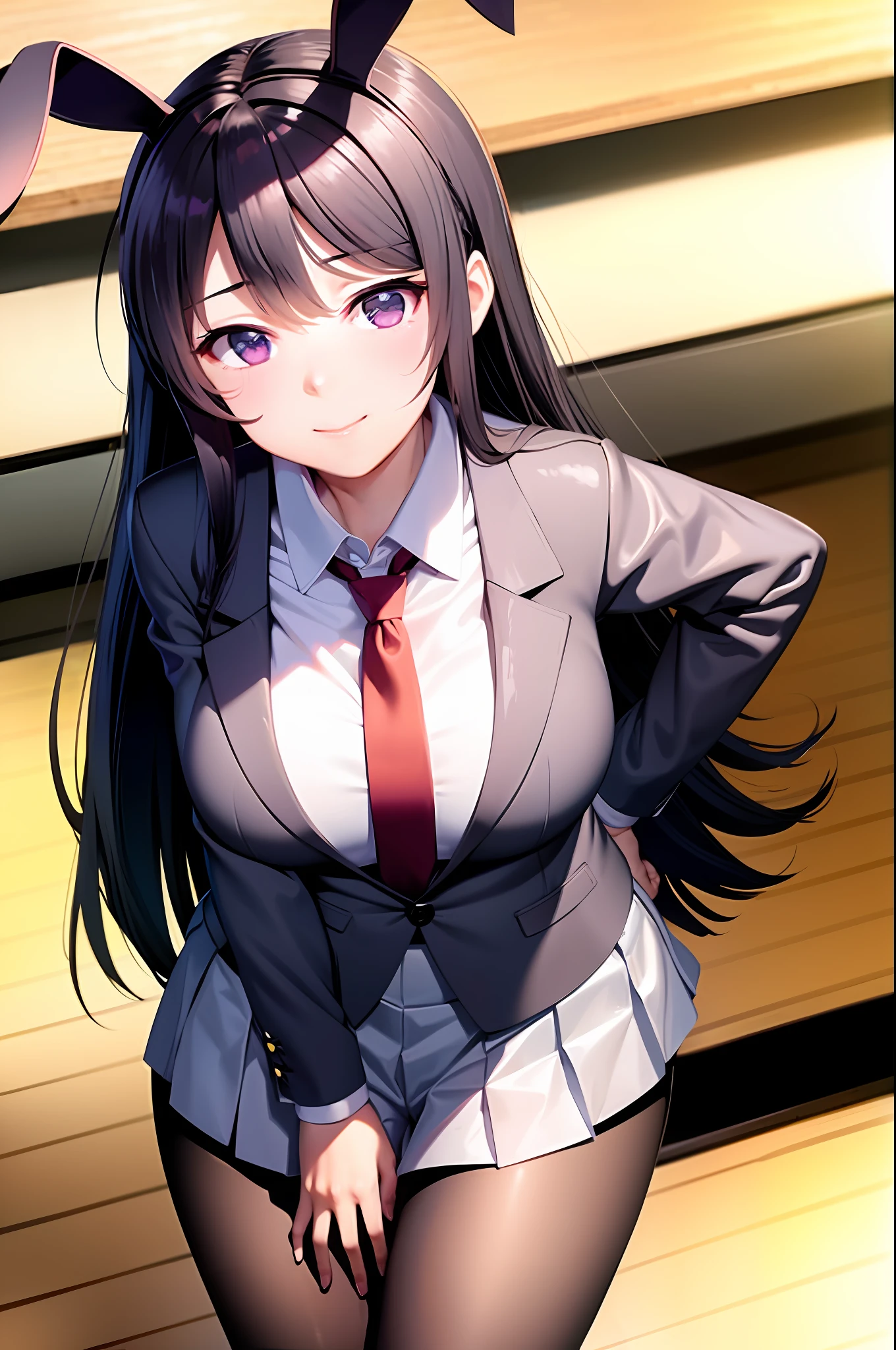 School uniform, white shirt, pantyhose, pleated skirt, tie, rabbit ears, Mai sauce, faint smile, mid_breats, best quality, behind arms, leaning forward