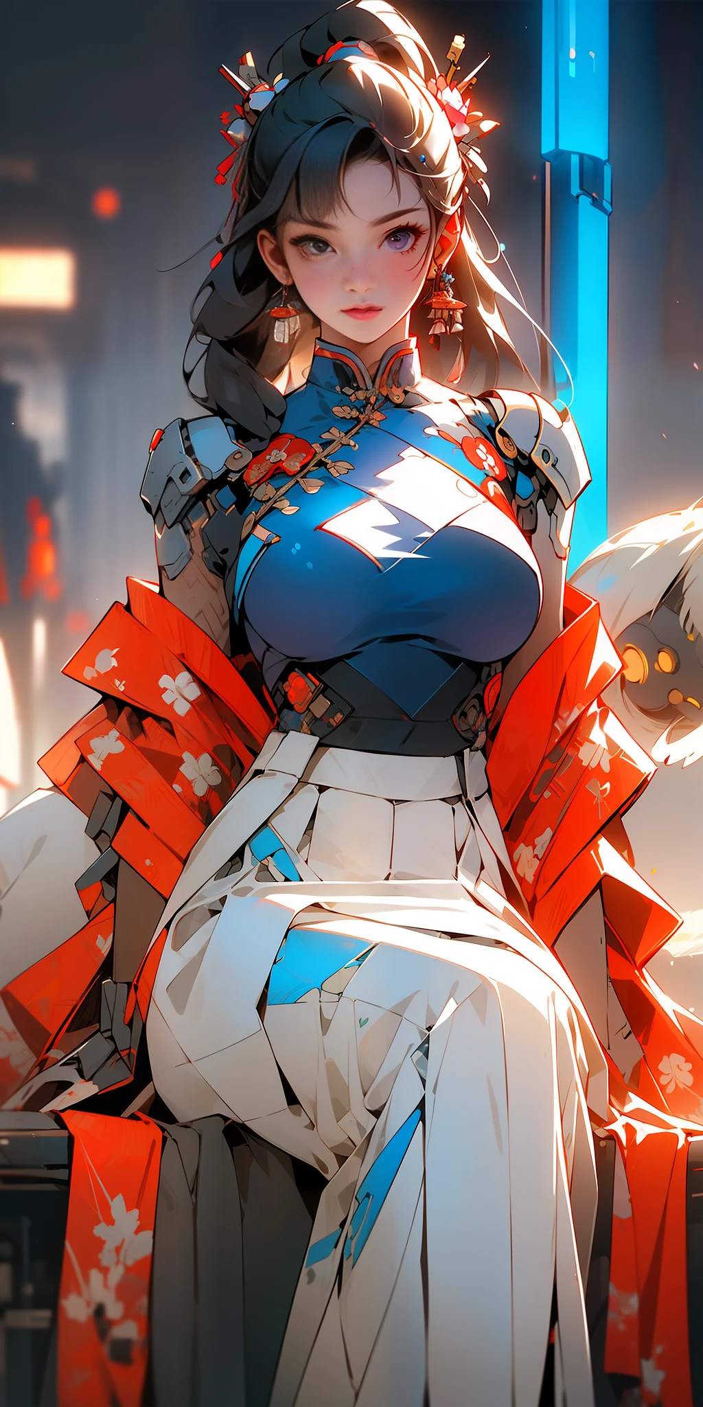 ((Cyberpunk style, robotic arm, holographic aura, surreal sci-fi art, futuristic sci-fi aesthetics)), 1 girl solo, close-up, (bright eyes), (ancient Chinese clothes, embroidered pleated skirt, embroidered collar Uesugi, large sleeves, streamers), (hairpins), (Hanfu), (clear facial features), (8k, RAW photos, best quality, masterpieces: 1.2), (realistic, photo realistic: 1.4), (very detailed CG Unity 8k wallpaper), full body, (Neon: 1.4)