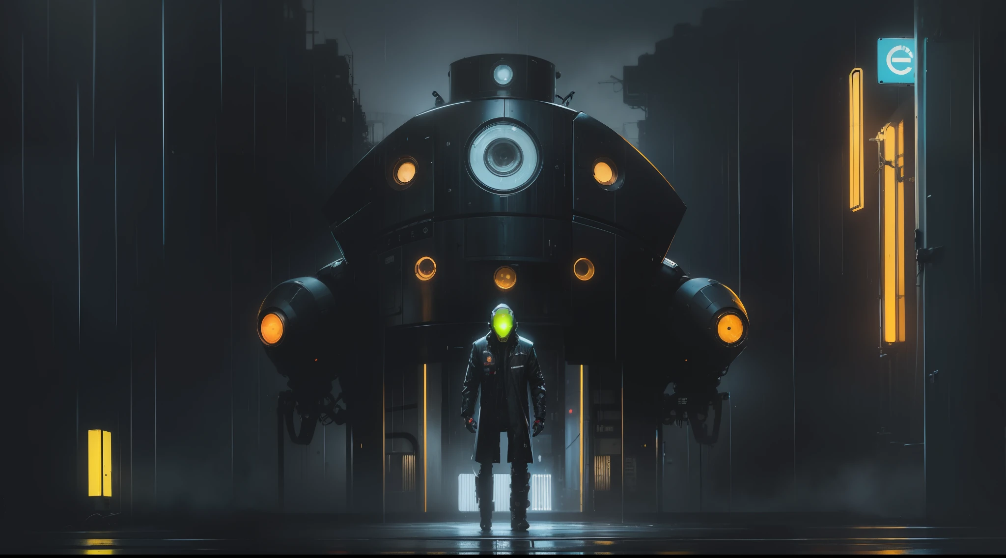 1robot, bulky mechanical body, rain, coat, neon light, (by Andre Kohn John Berkey) cyberpunk