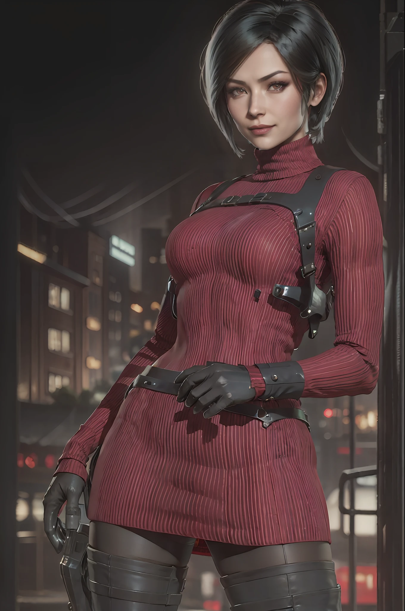 1 girl, solo, Ada Wong from Resident Evil 4 Remake, short hair, black hair, Red Sweater Turtleneck Dress, long sleeve drees, black tight pant, breast, thighs, butts, black heels, face of Adriana, viewer looking, devious smile, pistol hanging on her waist, best quality, high resolution:1.2, 18th century village in the background, shadows, nightime, moonlight, upper body shot, low camera angle, depth of field, center focus