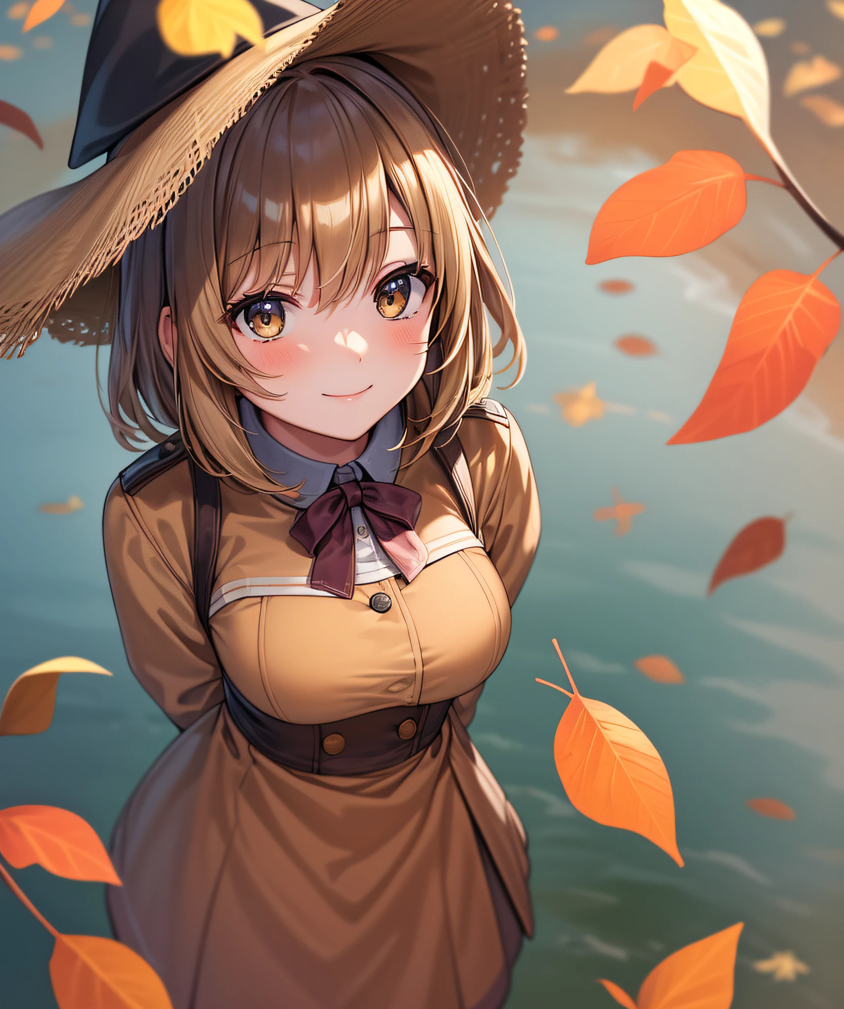 (masterpiece, top quality), from above, solo, 1 girl, bust shot, smile, light brown hair, light brown eyes, medium hair, hat, blush, blouse, autumn leaves, autumn, clear sky, arms behind back,