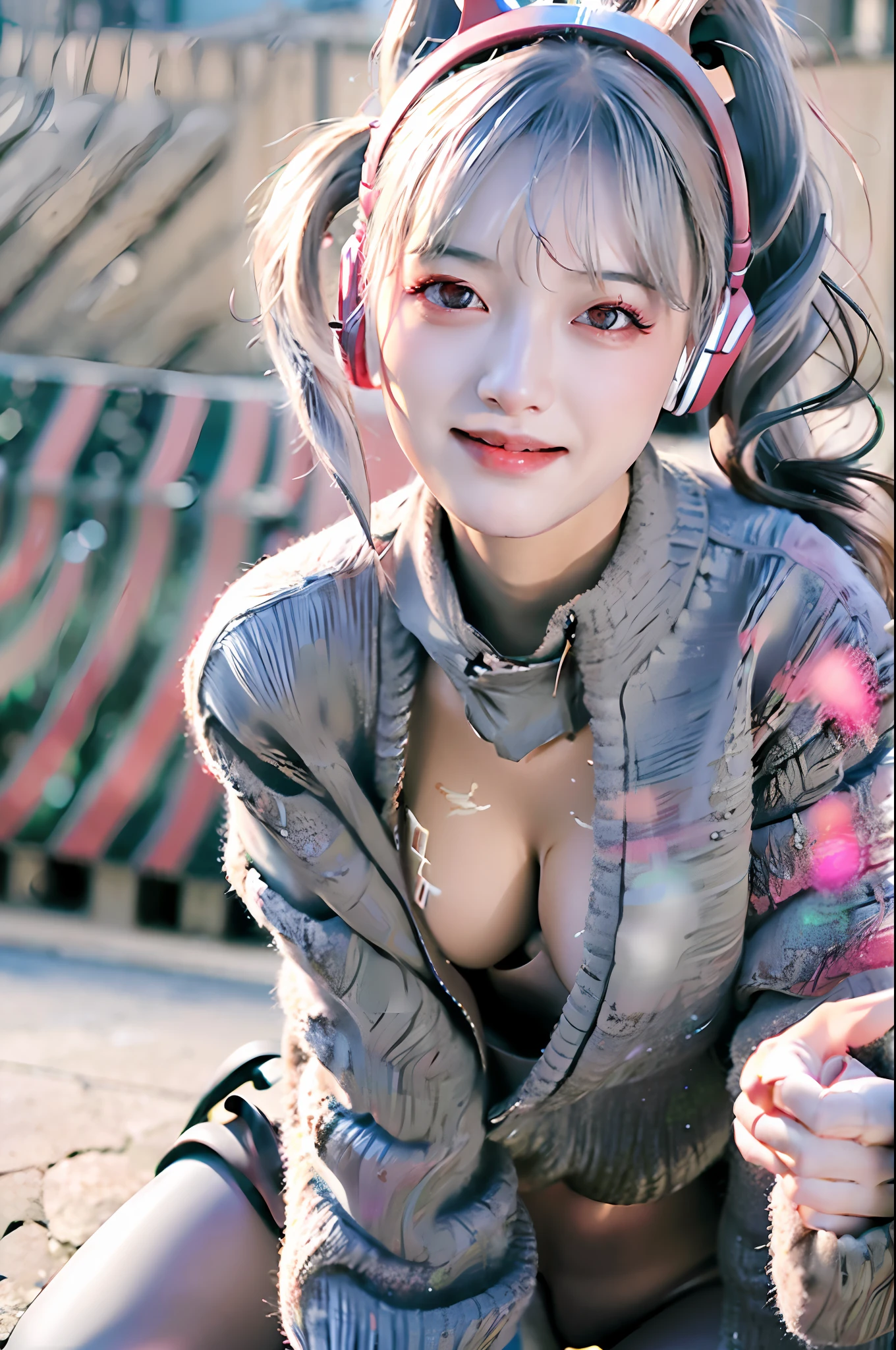 Best Quality, Ultra High Resolution, (Realism: 1.4), Masterpiece, 1girl, Kpop idol, (aegyo sal: 1.0), Puffy Eyes, (City of Ruins), Alice\(Nikke\), (Pink Tights), (Ear Earphones)), (Shiny Clothes), Double Ponytail, (Latex Jumpsuit), (Rubber Suit), Shoes, (Cleavage), (Slim), (Gray Hair), (Gray Hair), (Gray Hair), ((Red Eyes)), ( Looking at the audience), (smiling), (long hair), nsfw, depth of field, facial details, shiny skin, good eye details, heavy eye makeup, thin waist, blush, eye makeup details, perfect anatomy, (pureerosface_v1:0.55), ((pink contacts))