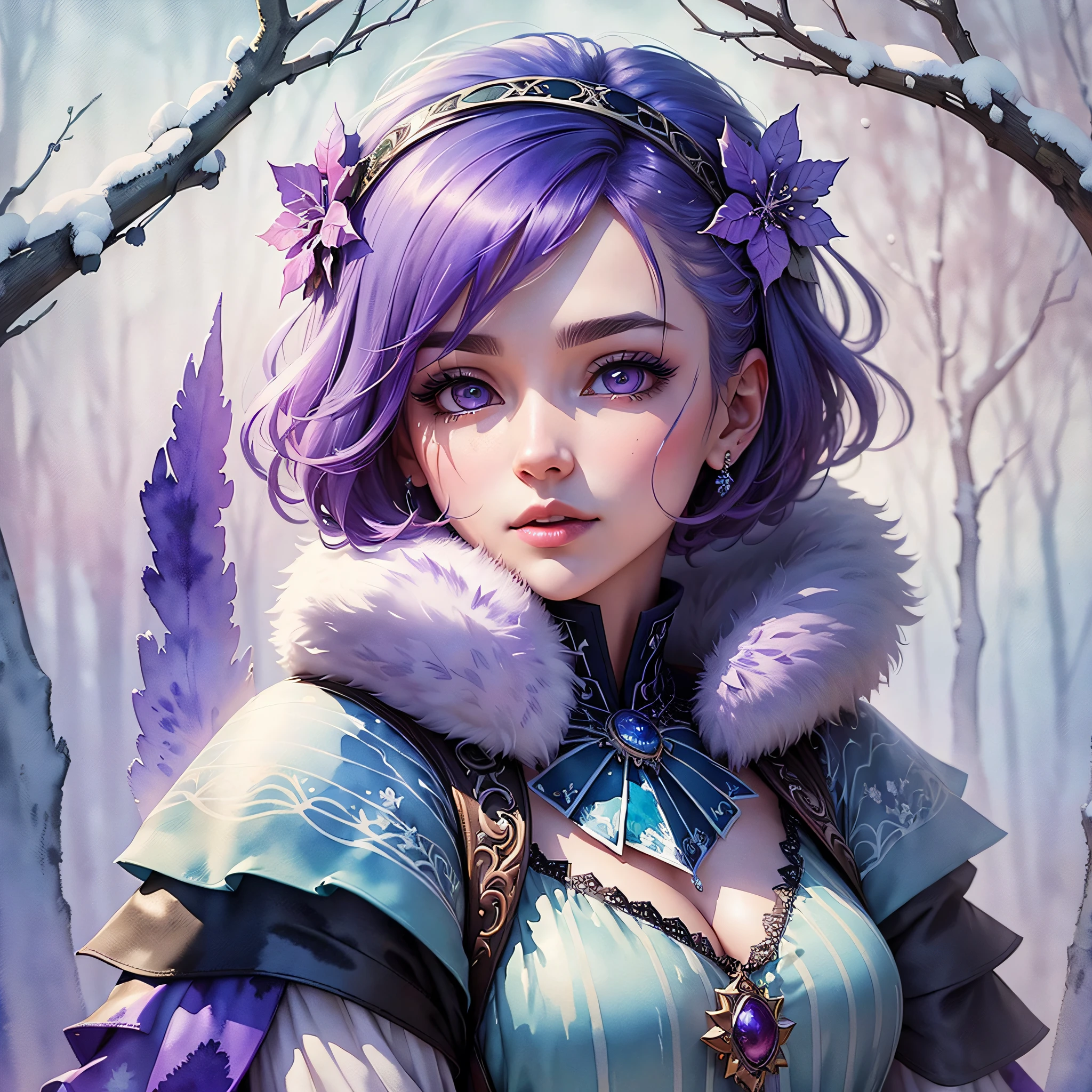 (Best Quality), (Masterpiece: 1.2), (Colorful: 0.9), (Ink Splash), (Color Splash), ((Watercolor)), Sharp Focus, (Portrait Winter Goddess: 1.5), Cute Look, Elegant Purple Haircut, Beautiful and Detailed Face and Eyes, Elegant Goddess Clothes, Winter Forest Background, Colored Water --auto --s2