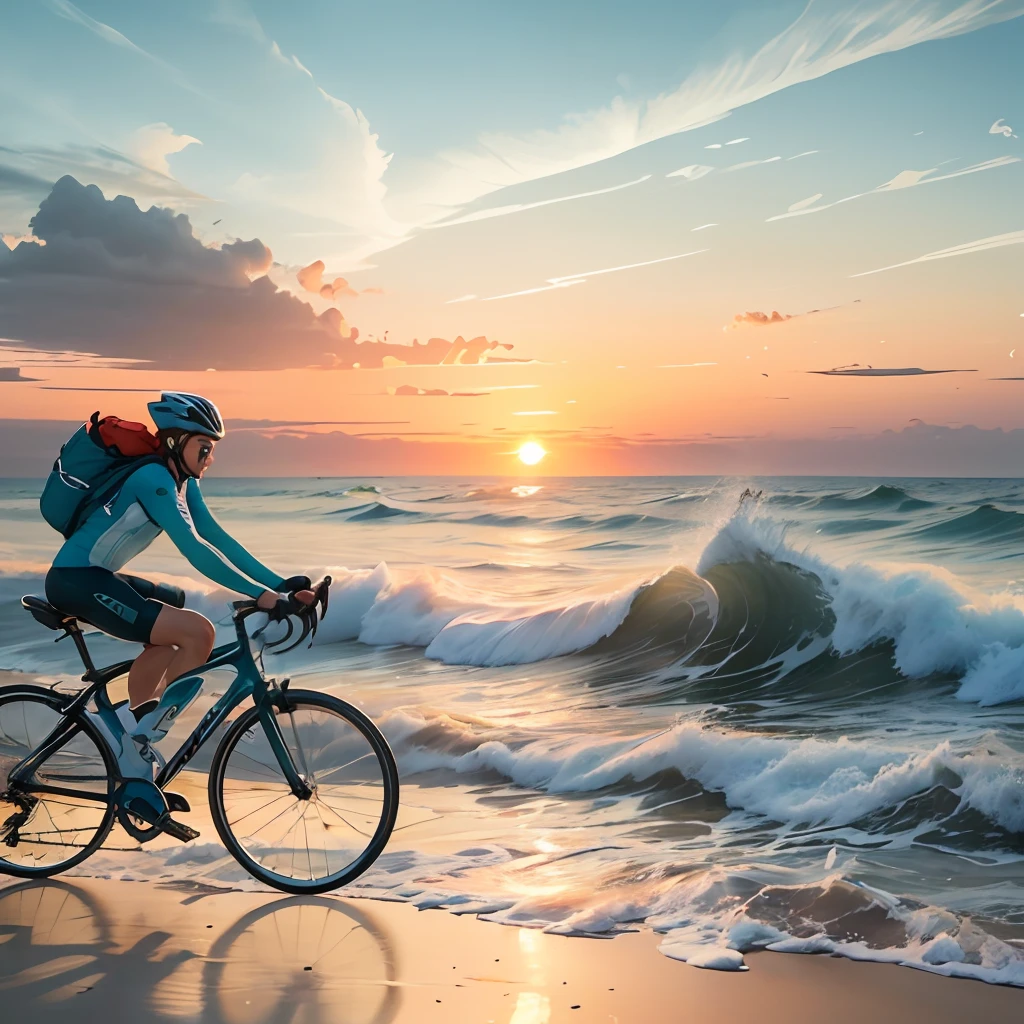 A cyclist cycling on a beach, opened sea, with waves and foams, during the sunrise. --auto --s2