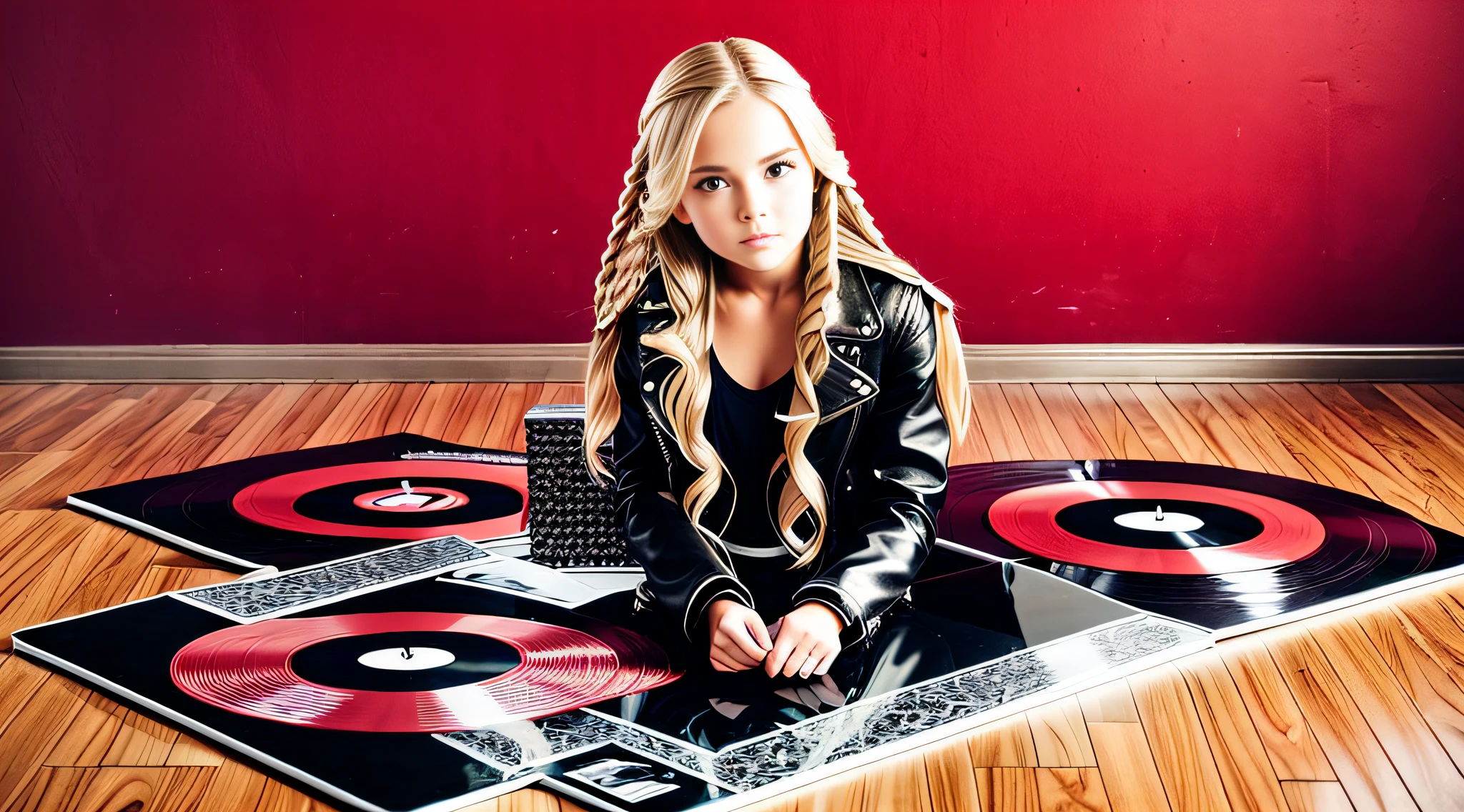 GIRL CHILD 12 years old, RUSSIAN BLONDE WITH BRAIDS, portrait , SILVER LEATHER JACKET AND BLACK CLOTHING, , ON THE FLOOR VARIOUS VINYLS AND CDS, red background. --auto --s2