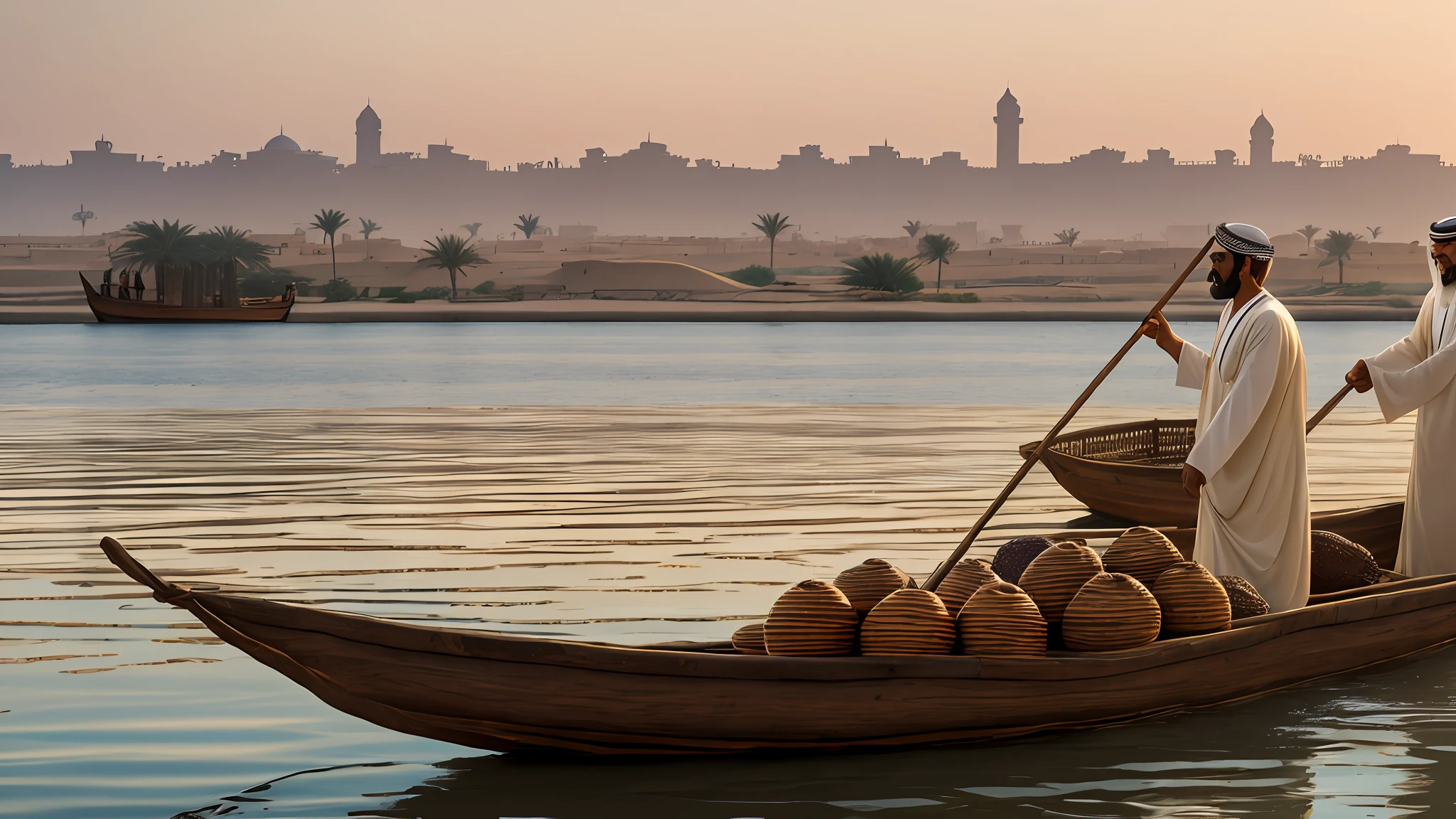 Two middle aged Egyptian men Arab Dow, boat carrying dates, nile river background, early morning, high definition photo, Maze Guru style --auto --s2