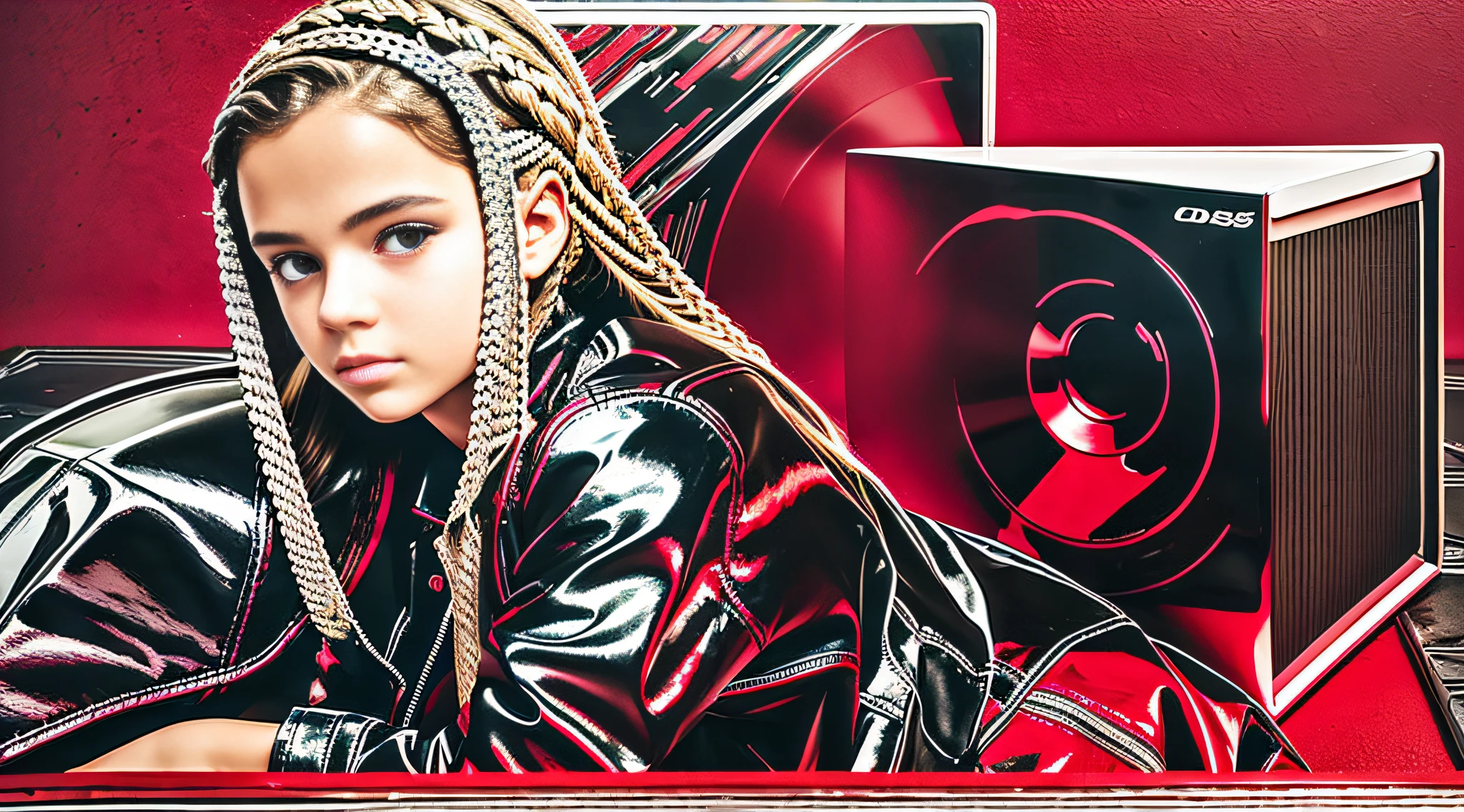 GIRL CHILD , RUSSIAN BLONDE WITH BRAIDS, portrait , SILVER LEATHER JACKET AND BLACK CLOTHING, , ON THE FLOOR VARIOUS VINYLS AND CDS, red background. --auto --s2