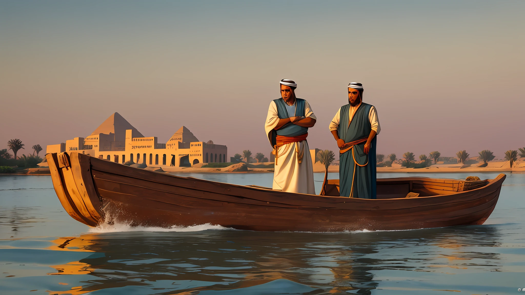 Two middle aged Egyptian men Arab Dow, boat carrying dates, nile river background, early morning, high definition photo, Maze Guru style --auto --s2