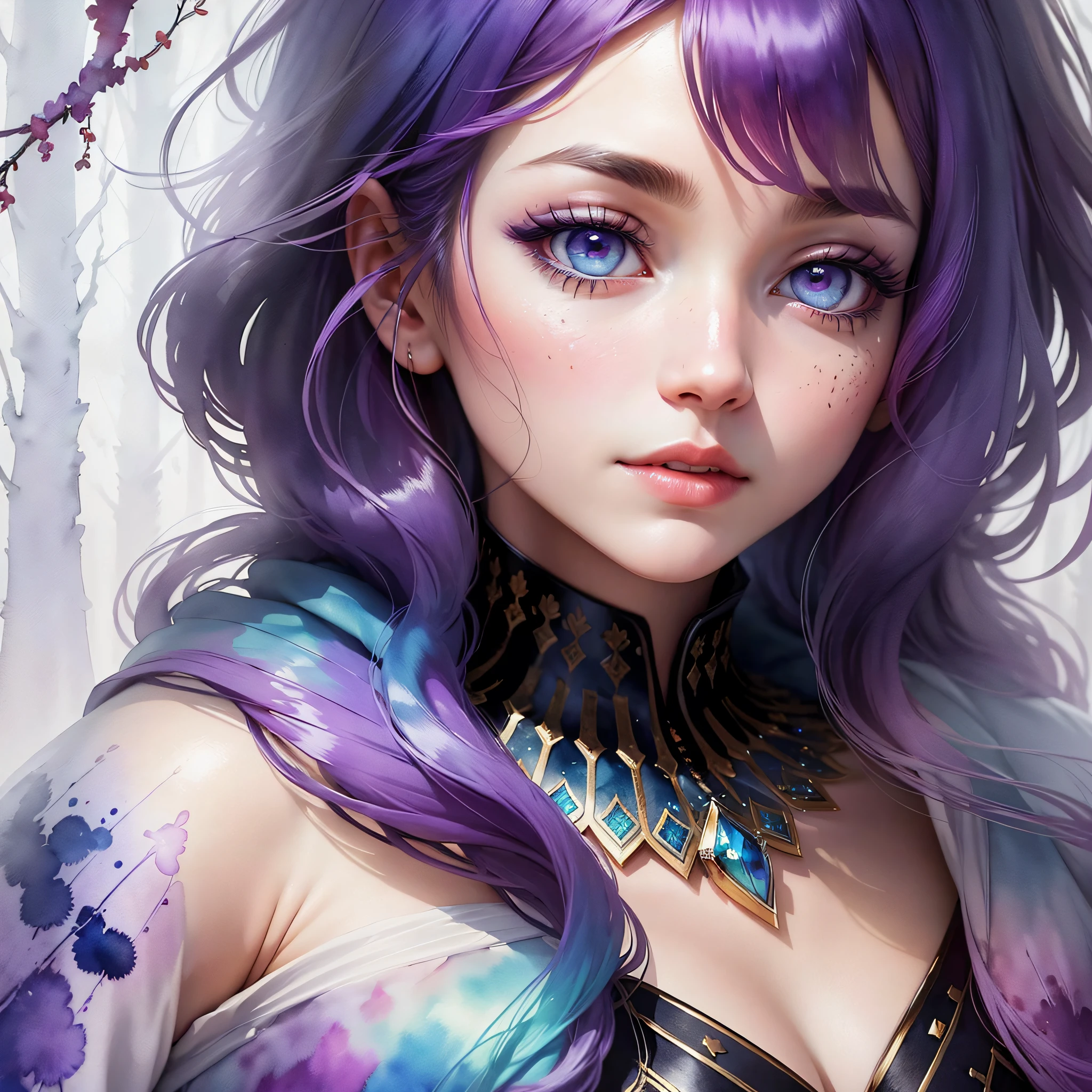 (Best Quality), (Masterpiece: 1.2), (Colorful: 0.9), (Ink Splash), (Color Splash), ((Watercolor)), Sharp Focus, (Portrait Winter Goddess: 1.5), Cute Look, Elegant Purple Haircut, Beautiful and Detailed Face and Eyes, Elegant Goddess Clothes, Winter Forest Background, Colored Water --auto --s2