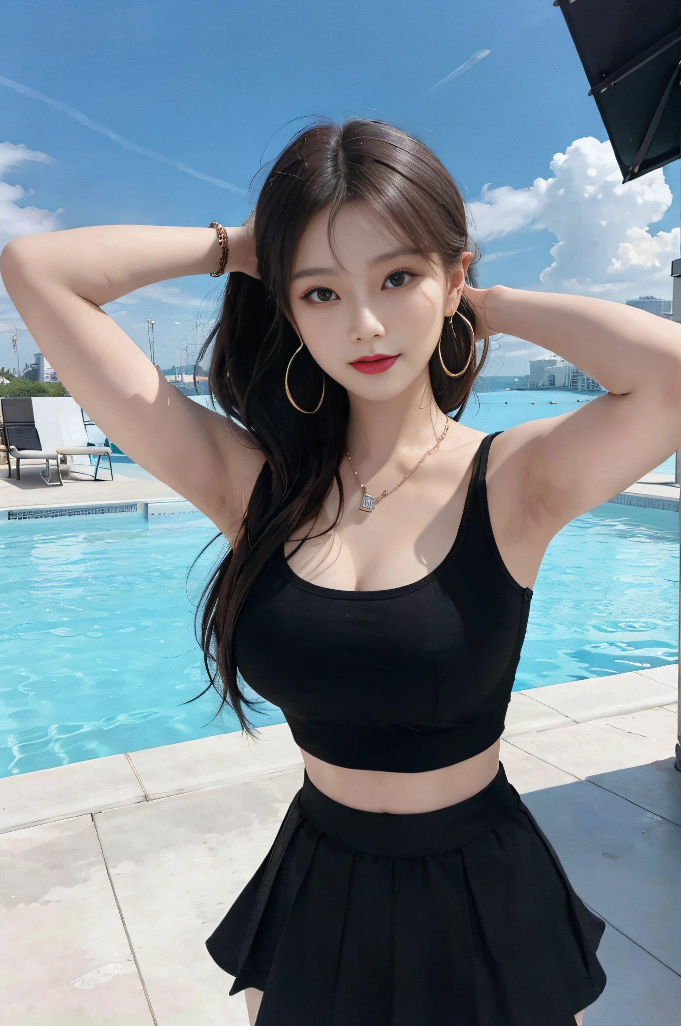 8K RAW photos, high resolution, 19-year-old Korean, big round breasts, trained abs, cropped length tee shirt, skirt, beautiful eyes in detail, long eyelashes, beautiful double eyelids, eye shadow, slender eyes, elongated eye shape, sanpaku eyes, dark eye makeup, evil smile, beautiful thin legs, random short hair, hair tied behind the head, earrings, necklace, bright brown hair, Poolside, rooftop pool, hands raised and tongue out