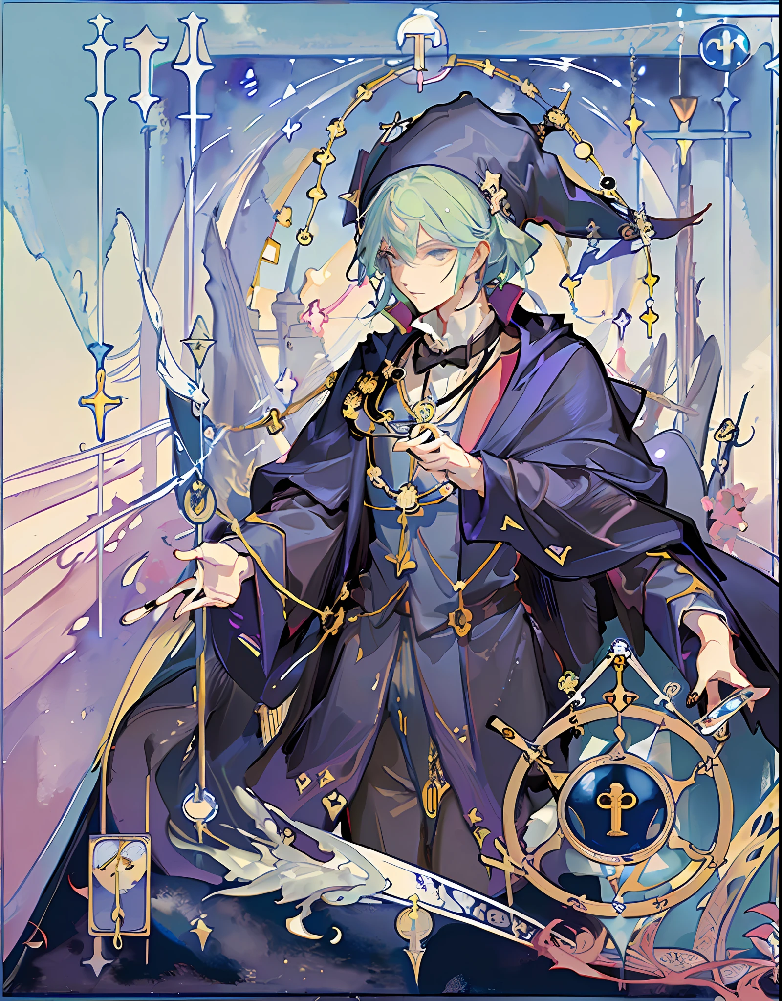 (Golden Ratio: 1.2),(2 Girls: 1.2),(Watercolor: 1.3),[(White: 1.4)::10],(Magician:1.2),(Super Detail:1.3),(Tarot Cards:1.6),(Magician Tarot:1.6),(Magician Tarot:1.6),(Beautiful:1.6),Glass-like Eyes, Sorcerer's Hat and Cloak, Wise Man's Wand, Wakame,Wakame,Wakame