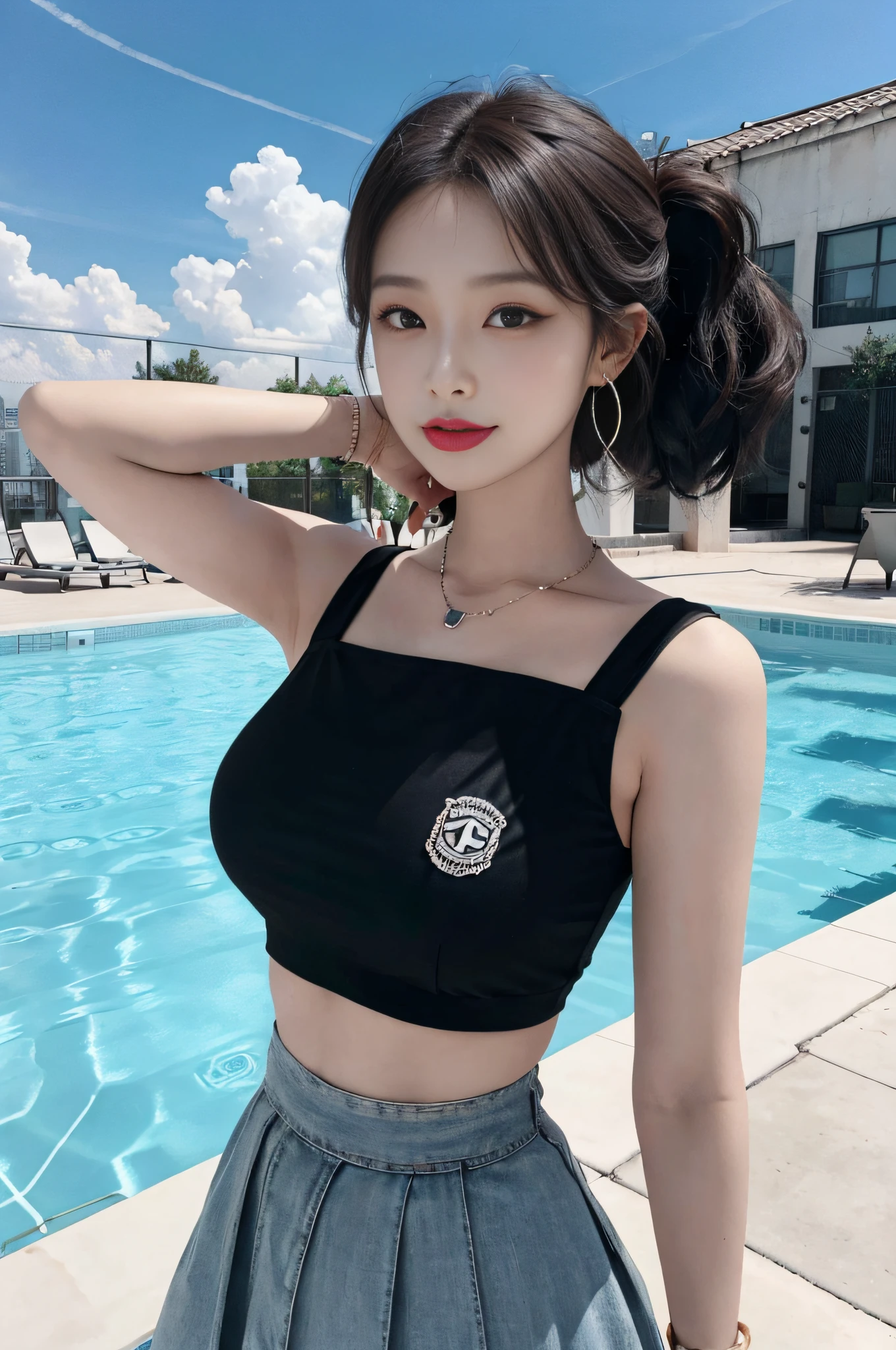 8K RAW photos, high resolution, 19-year-old Korean, big round breasts, trained abs, cropped length tee shirt, skirt, beautiful eyes in detail, long eyelashes, beautiful double eyelids, eye shadow, slender eyes, elongated eye shape, sanpaku eyes, dark eye makeup, evil smile, beautiful thin legs, random short hair, hair tied behind the head, earrings, necklace, bright brown hair, Poolside, rooftop pool, hands raised and tongue out