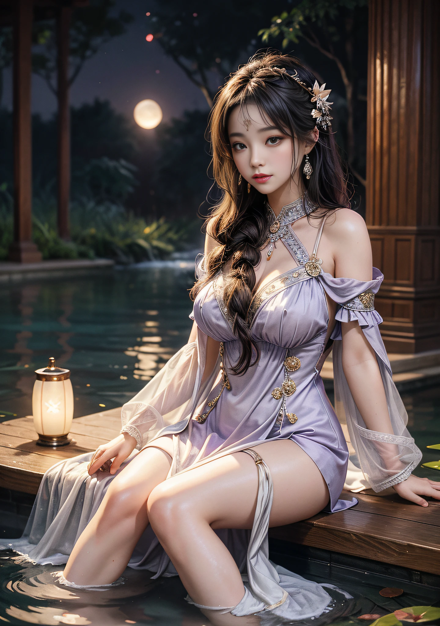 Sitting by a lake full of river lights, hands playing in the water, the art depicts a charming woman with 2 hands, 2 legs, a delicate face, a normal face, dressed in a flowing, silky traditional oriental dress, long, light purple, decorated with intricate patterns and bright colors. Her dress drapes elegantly over her curvy figure, accentuating her seductive silhouette. She sits gracefully by the tranquil lotus lake, her feet playing in the water, bathed in the soft glow of the moonlight. The scene exudes an ethereal and dreamy atmosphere, with a touch of mystery and sexiness. The graphic style blends watercolor and digital illustration techniques to evoke a refined beauty and charm. The lights are filled with soft moonlight, casting soft highlights and shadows on her charming features. Bare thighs, big breasts, three-dimensional facial features, sitting, upturned legs, side braids