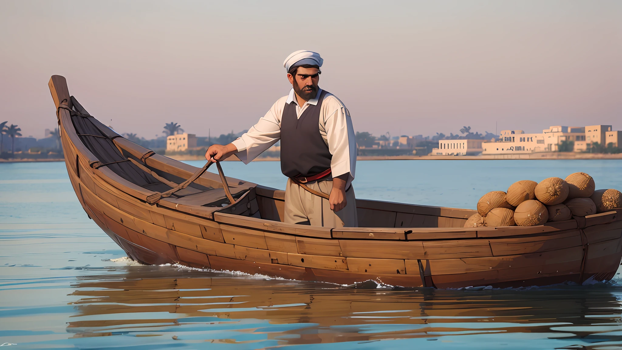 Two middle aged Egyptian men Arab Dow, boat carrying dates, nile river background, early morning, high definition photo, Maze Guru style --auto --s2