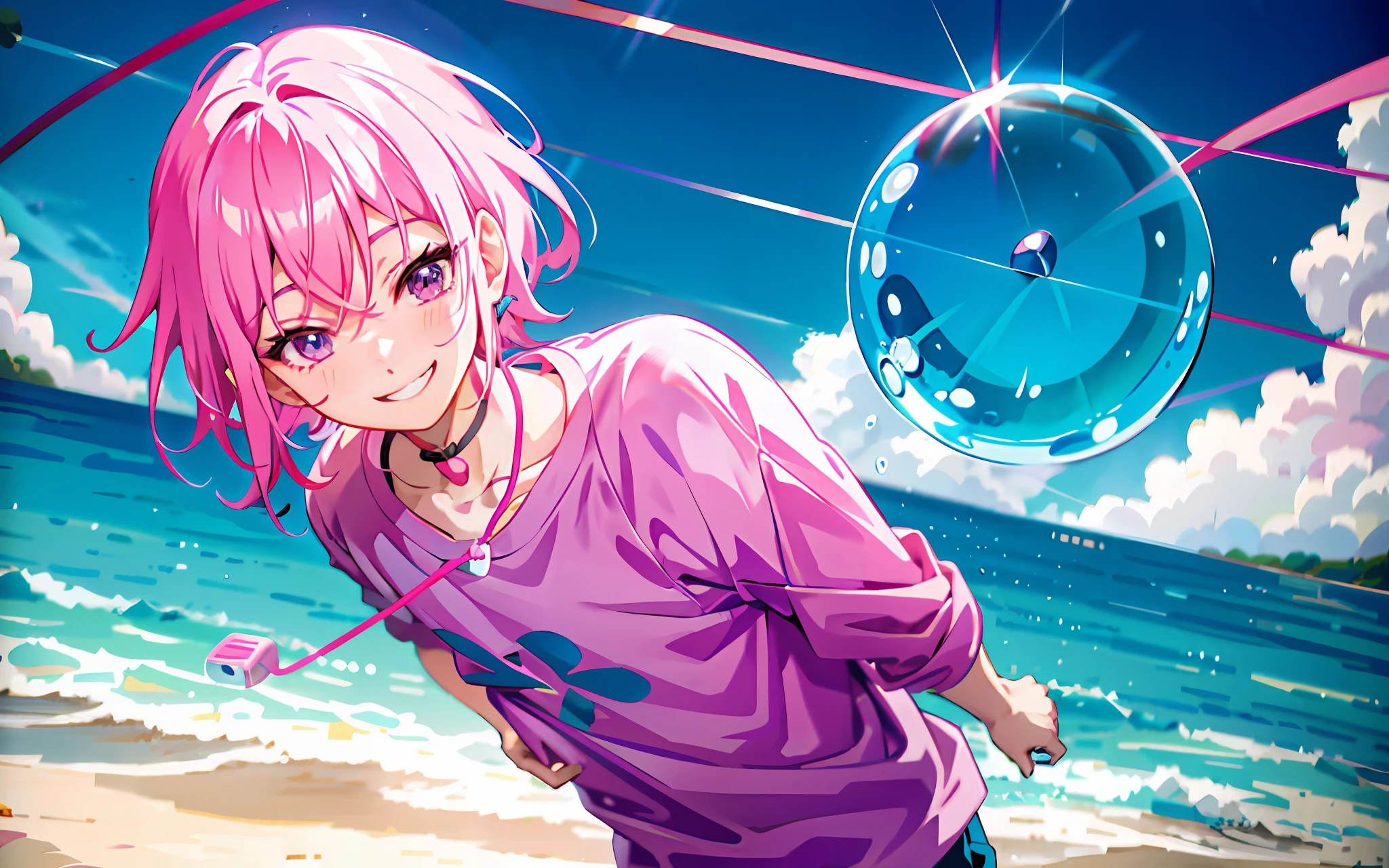 anime boy with a pink shirt and a blue earphone, he is smiling, smiling sweetly, [[[[grinning evily]]]], kawaii realistic portrait, anime boy, cute anime face, grinning lasciviously, clear cute face, smileing nright, cute natural anime face, perfect anime face, young anime man, inspired by Kun Can