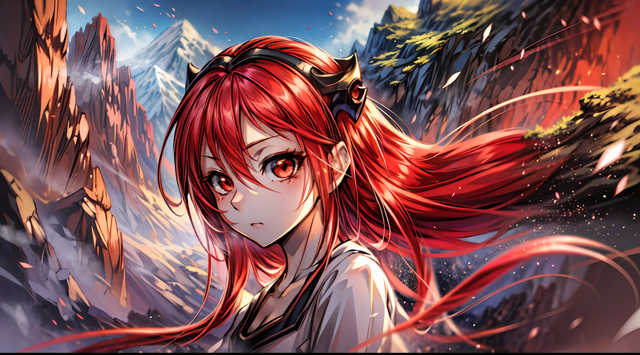 "Masterpiece, high quality, (anime), best quality, 1girl, dynamic lighting, dynamic background, red hair, red eyes, (()), beautiful face, beautiful eyes, mountain background