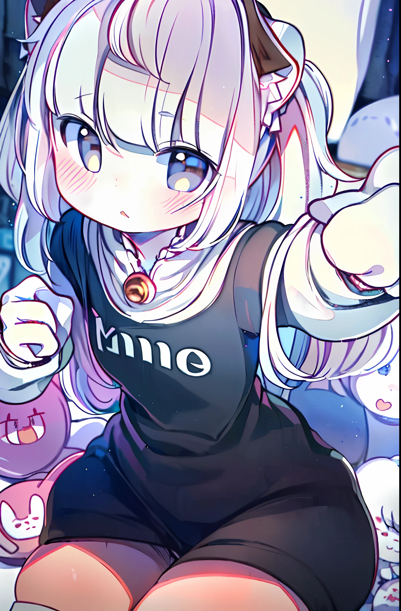 ((masterpiece, best quality, ultra-detailed)), (1girl:1.2), cute_face, blunt bangs, grey eyes, hair strand, long hair, white hair, in japan style bedroom, looking at viewer, from front, close up, portrait, focus, leaning forward, from below,  kamisato_ayaka,furry, thick_thighs, chibi
